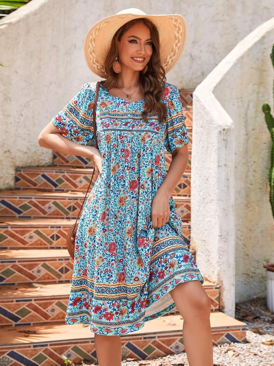 Womens Nightgown Short Sleeve House Dress with Pockets-Floral Print Mumu Dress S-3XL - Image 5