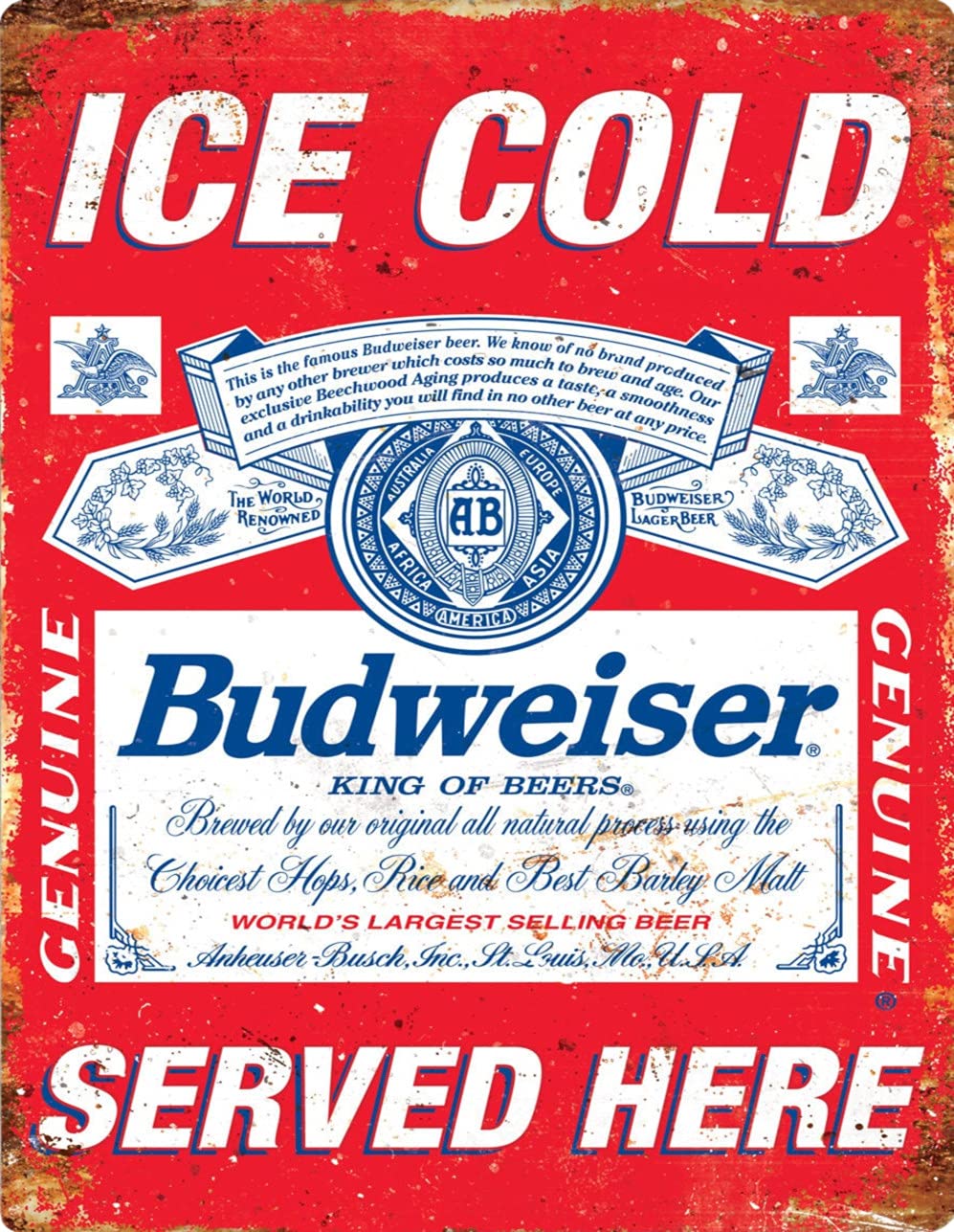 BigBazza Vintage Advertising Wall Tin Plaque 20x15cm - Pub Shed Bar Man Cave Home Bedroom Office Kitchen Gift Metal Sign - Retro Red Ice Cold Bud Budweiser USA inspired King Beer Lager Served Here