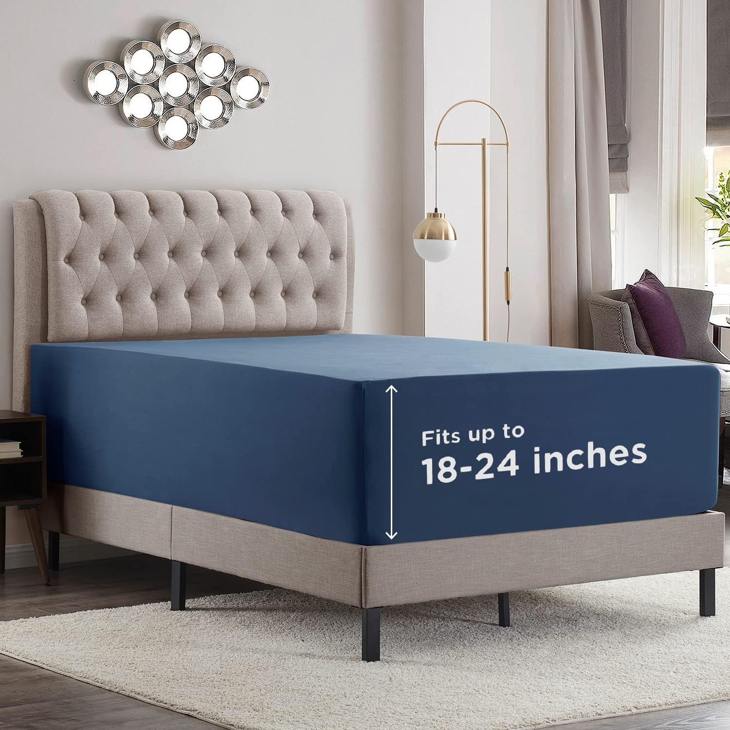 Empyrean Navy Blue Extra Deep Pocket King Fitted Sheet Only, Hotel Luxury King Size Fitted Sheets Easily Fits 18 to 24 Inch Mattress, Super Soft, Wrinkle-Free Bottom Sheets with Corner Straps