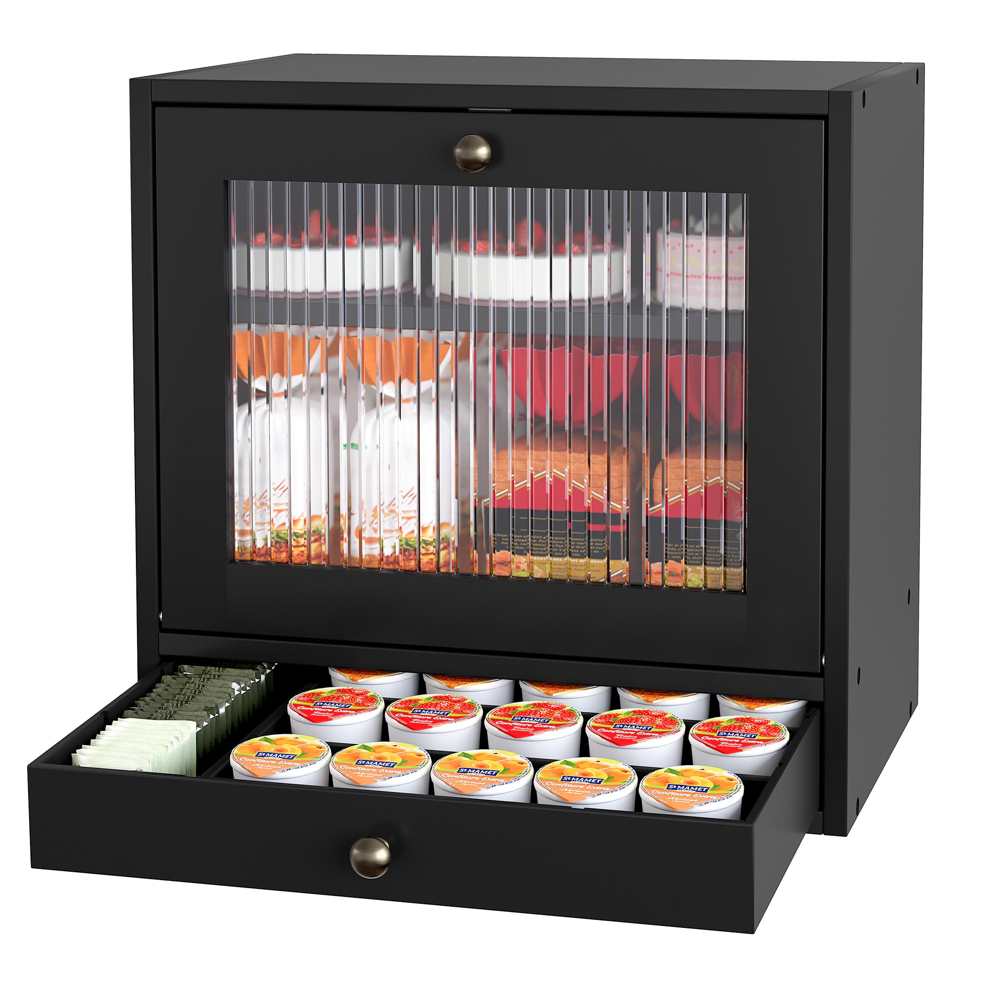 Alpeir Brotkasten Holz Groß 2 Etagen Brotbox mit Magnetisch Acryl Sichtfenster und Schublade, Ecke Arbeitsplatte Küche Aufbewahrung Behälter für Snack Knäckebrot Obst, Schwarz