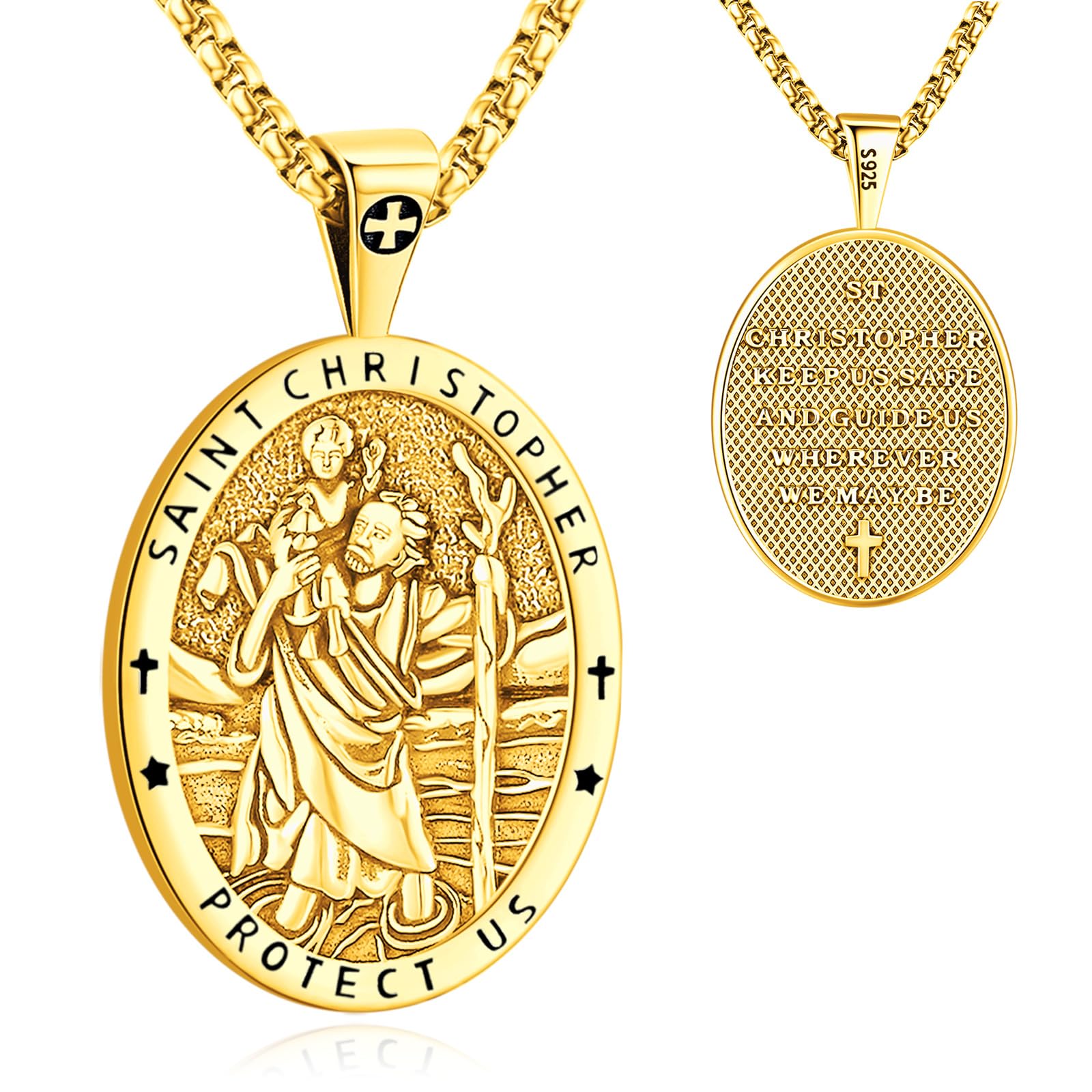 Eusense St Michael Necklace for Men Women Gold Sterling Silver 925 Saint Christopher Pendant Virgin Mary Miraculous Medalla de Praying Hand San Benito