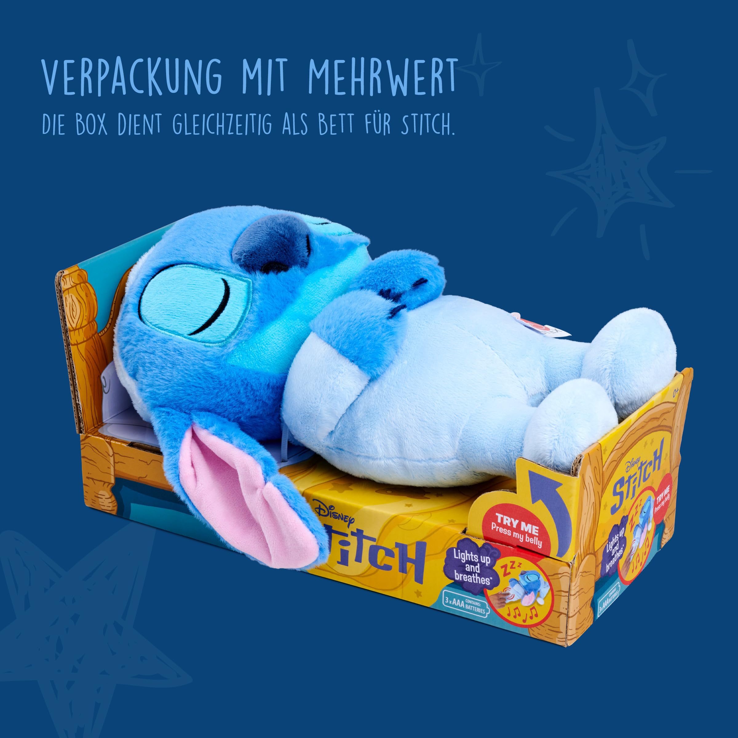 Simba Peluche Stitch Dormilón con Sonido 31 cm. Stitch Acostado con Pijama. Función de Respiración, Luz y Música Relajante. Apto Desde 0 Meses. Licencia Disney Oficial (6315870637)