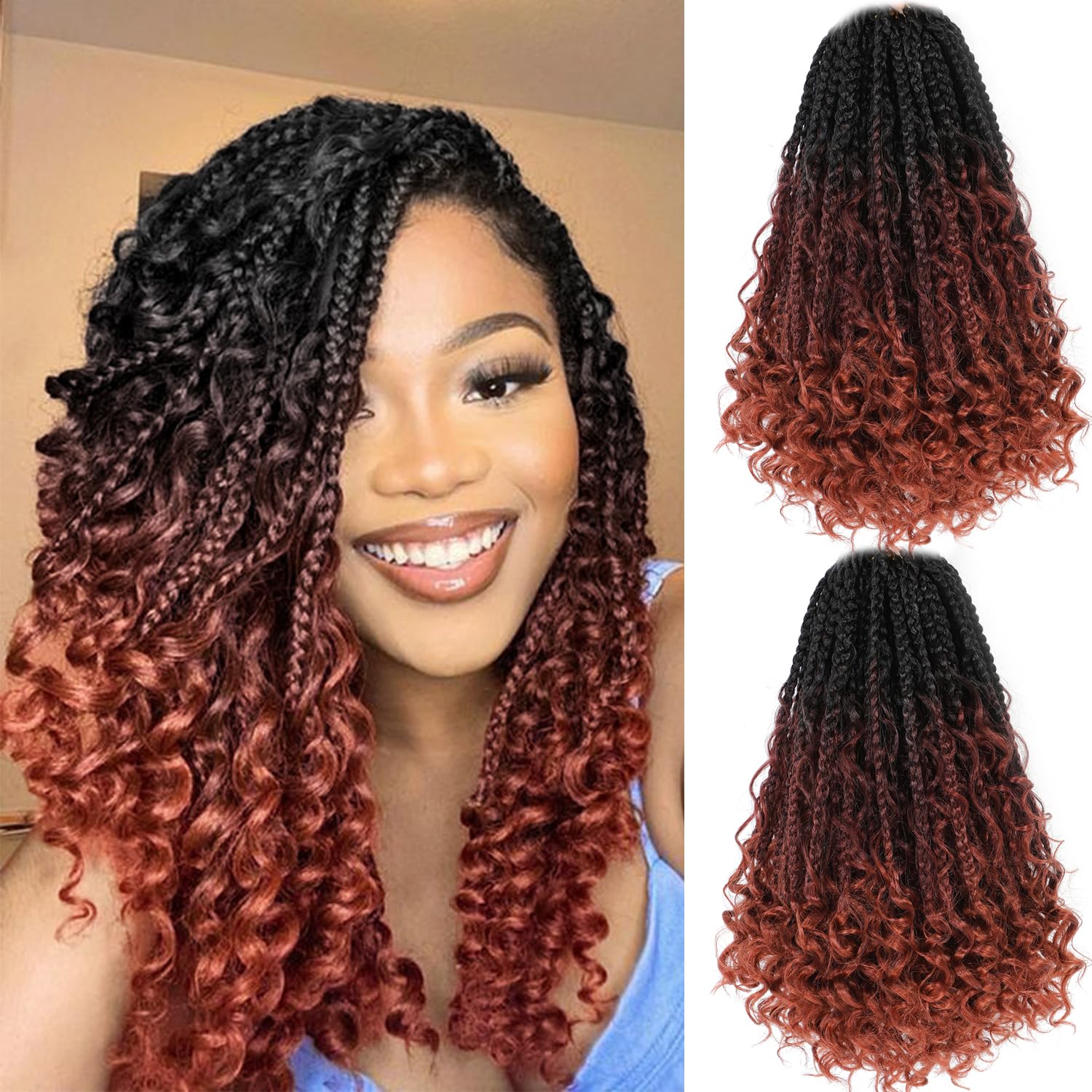 Wodun Goddess Box Braids Crochet Hair Pre Looped Box-Braids Crochet-Hair with Curly Ends For Black Women Bohemian Box Braiding(12inch,8Packs,1B/530/