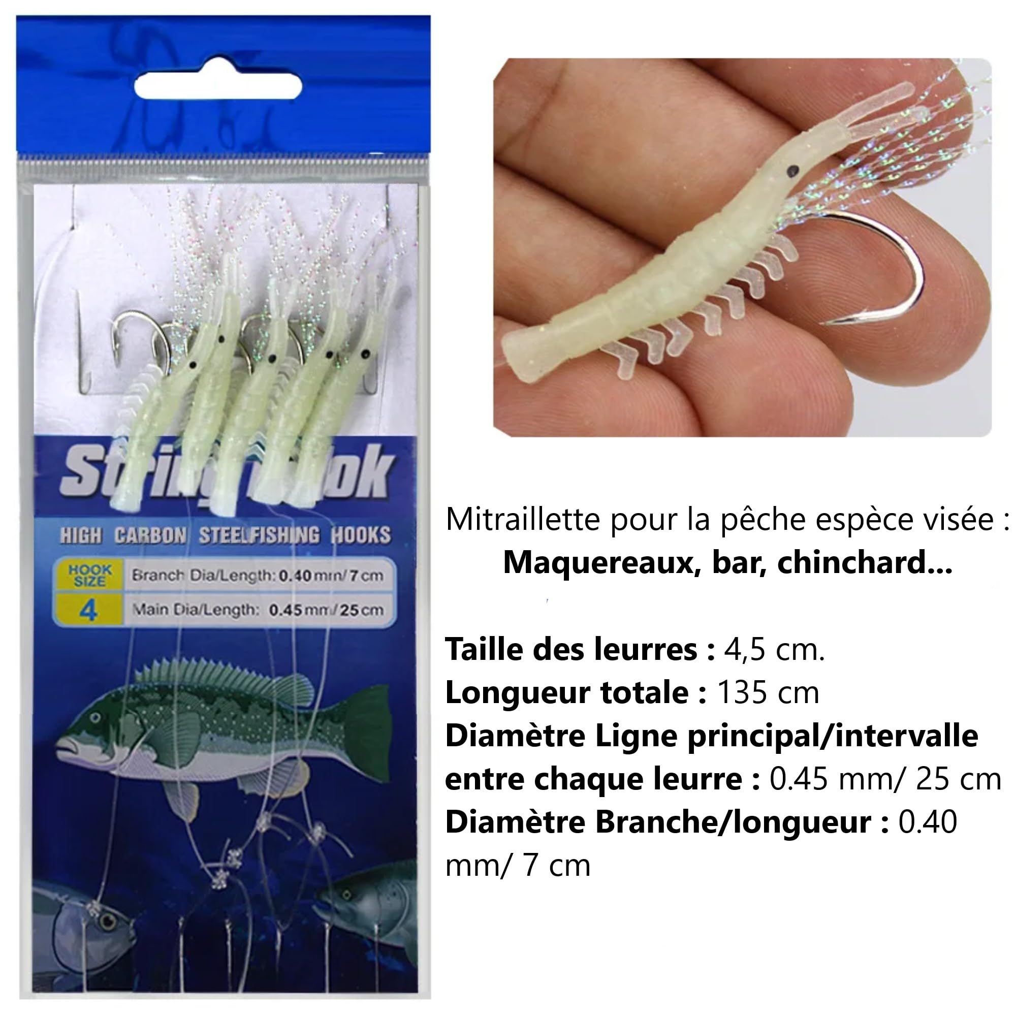 TSURI Sabiki - Mitragliatrice fosforescente, esca da pesca in mare, per sgombri, bar, luoghi e orfie, dimensioni: 5 esche da 4,5 cm