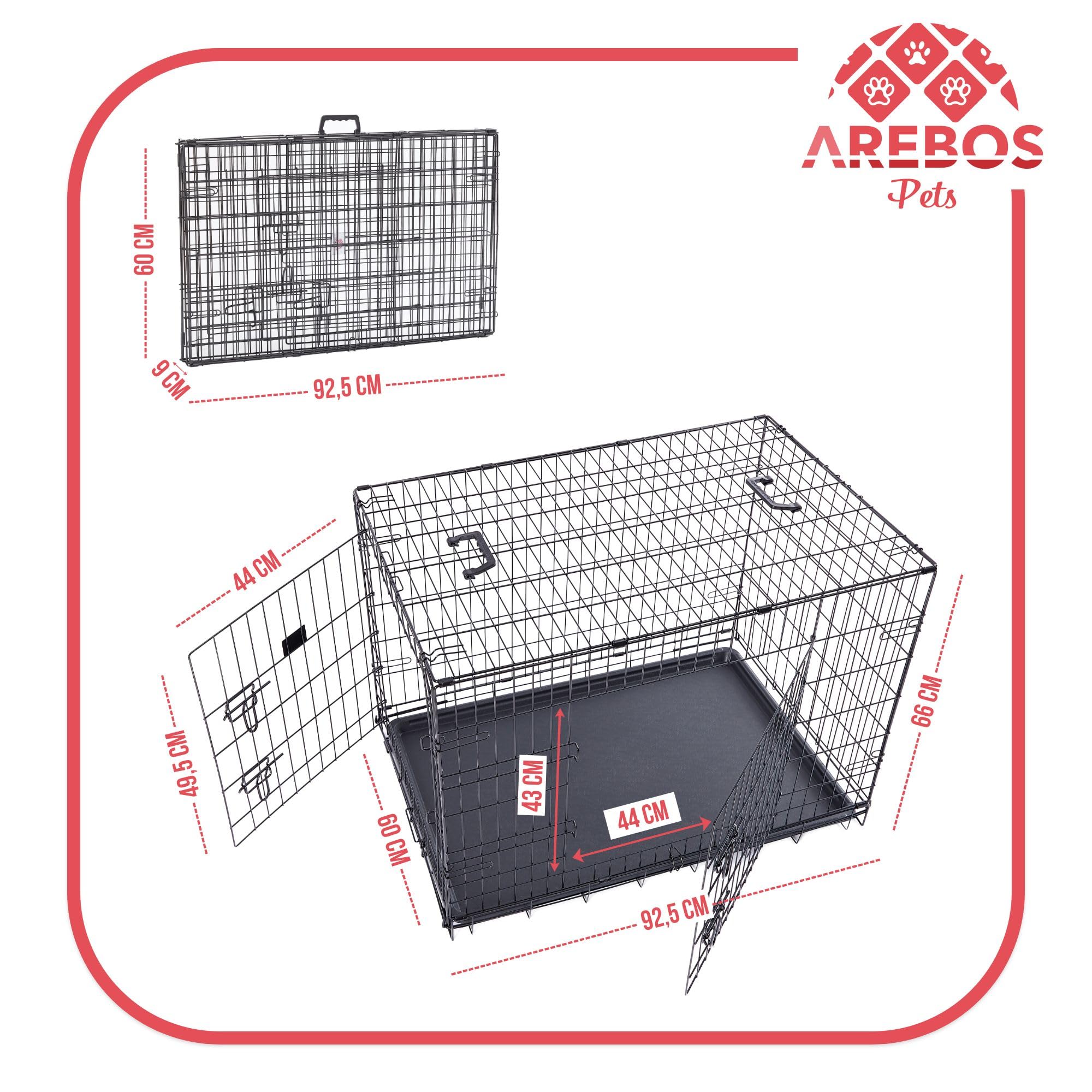 Arebos Jaula para Perros 92,5 x 60 x 66 cm | Jaula de Transporte para Perros Plegable para Coche | Jaula de Transporte para Perros con 2 Puertas | Jaula para Perros para el hogar | L Negro