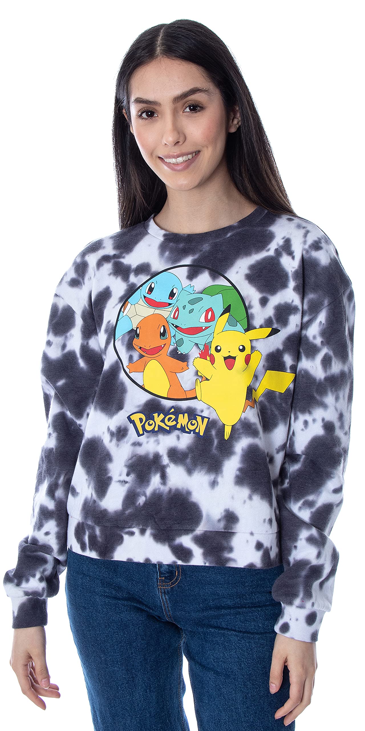Mad Engine Pokémon Women's Pikachu Bulbasaur Charmander Squirtle Cropped Tie-Dye Shirt Long Sleeve Pullover Top