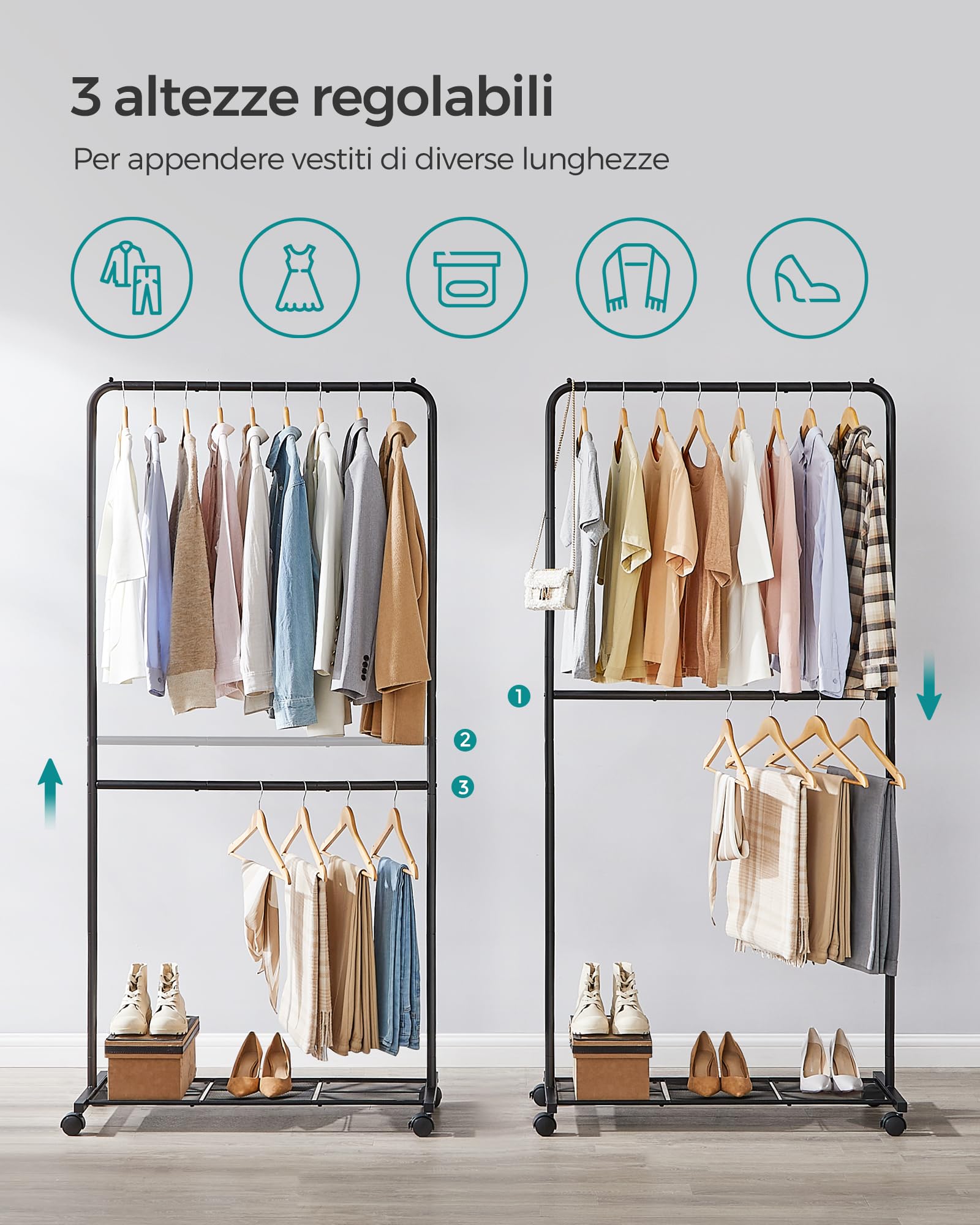 SONGMICS Stand Appendiabiti Doppio, Struttura in Acciaio, Largo 91 cm | con Ripiano Portaoggetti e Rotelle, 2 Ruote con Freni, Portata di Ogni Barra di 10 kg, Nero, Collezione PATAYE HSR027B01