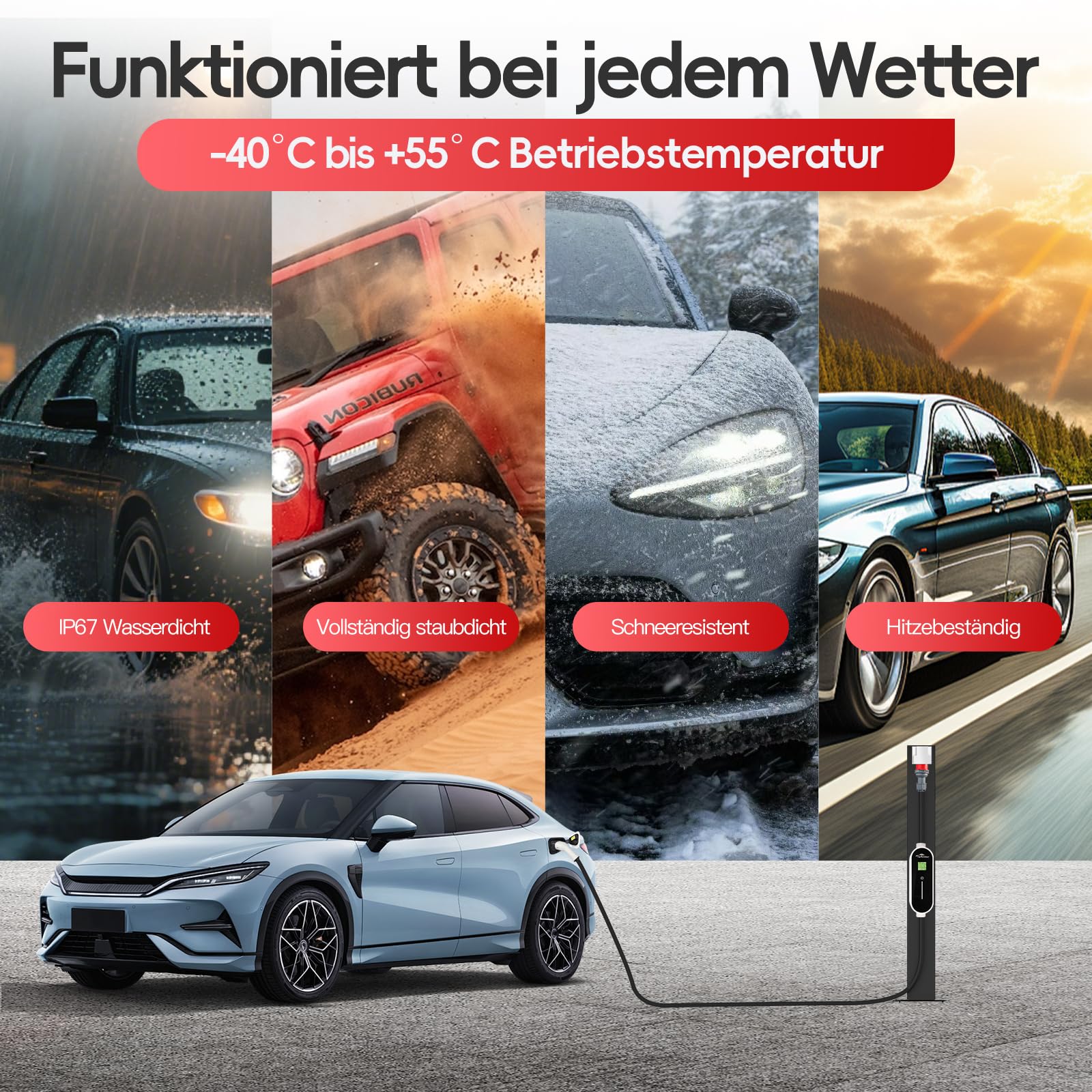 Mobile Wallbox 11 kW [6 m | 8-16 A] mit einstellbarer Stromstärke, Ladekabel CEE 16A auf Typ 2 für ID.3/4/5, Model Y/3, MG4, EX30, e-up, e-tron, Zoe, EV-Charger, TÜV-geprüft & CE-zertifiziert