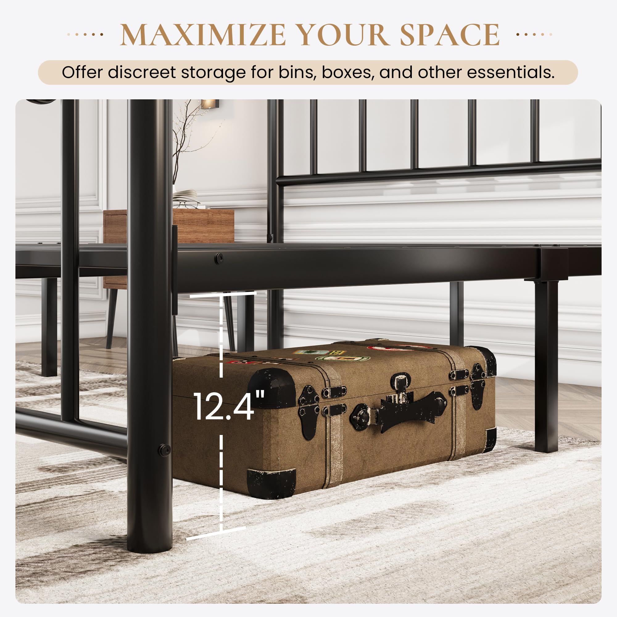 SHA CERLIN 14'' Queen Size Metal Platform Bed Frame/Victorian Headboard and Footboard/Steel Slats Mattress Foundation for Storage/No Box Spring Needed/Noise Free/Black