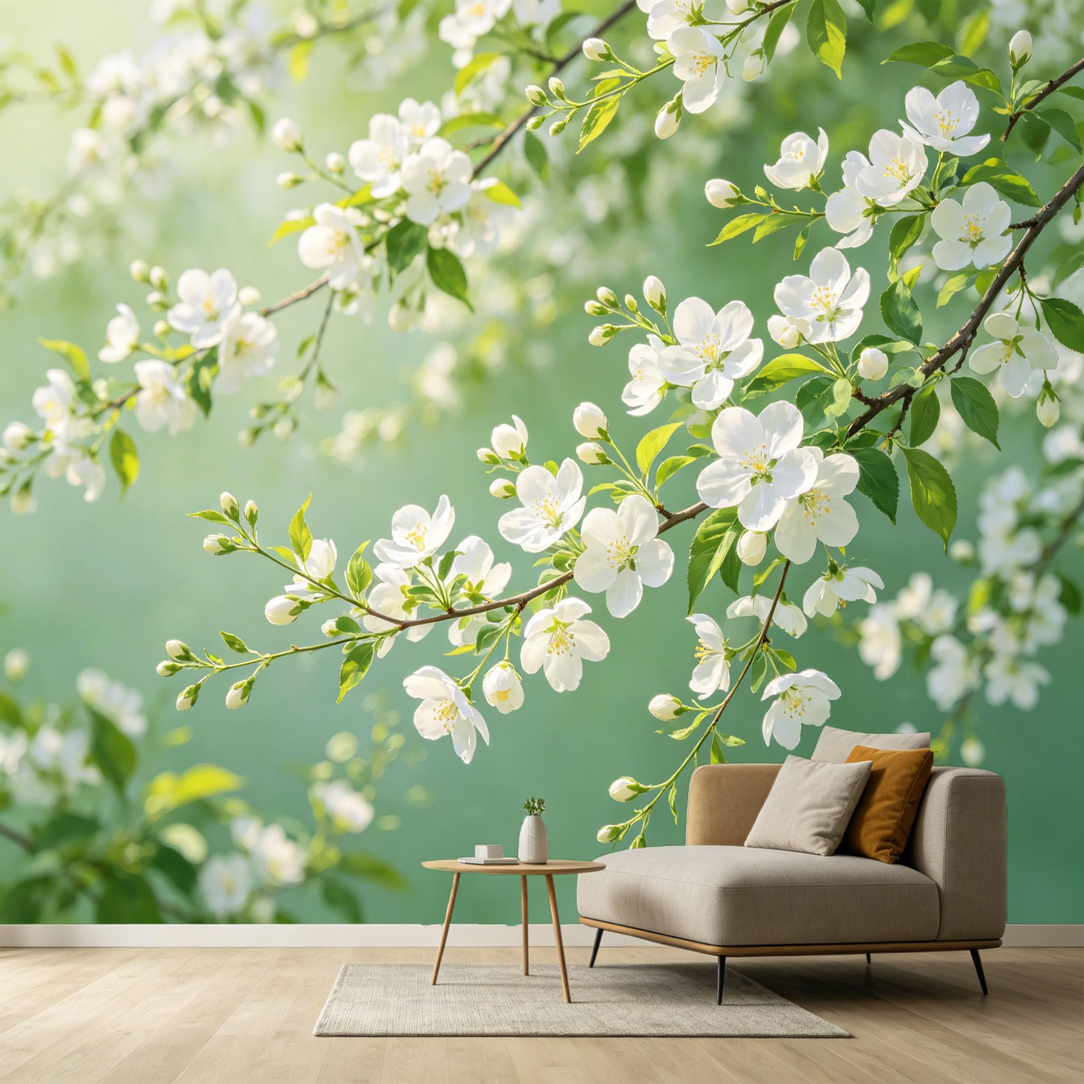 Custom Size Wall Murals Botanical White Cherry Blossom Tree Branch Minimalist Watercolor Style SelfAdhesive Wall Fabric Removable Large Wallpaper for Photo Living Room