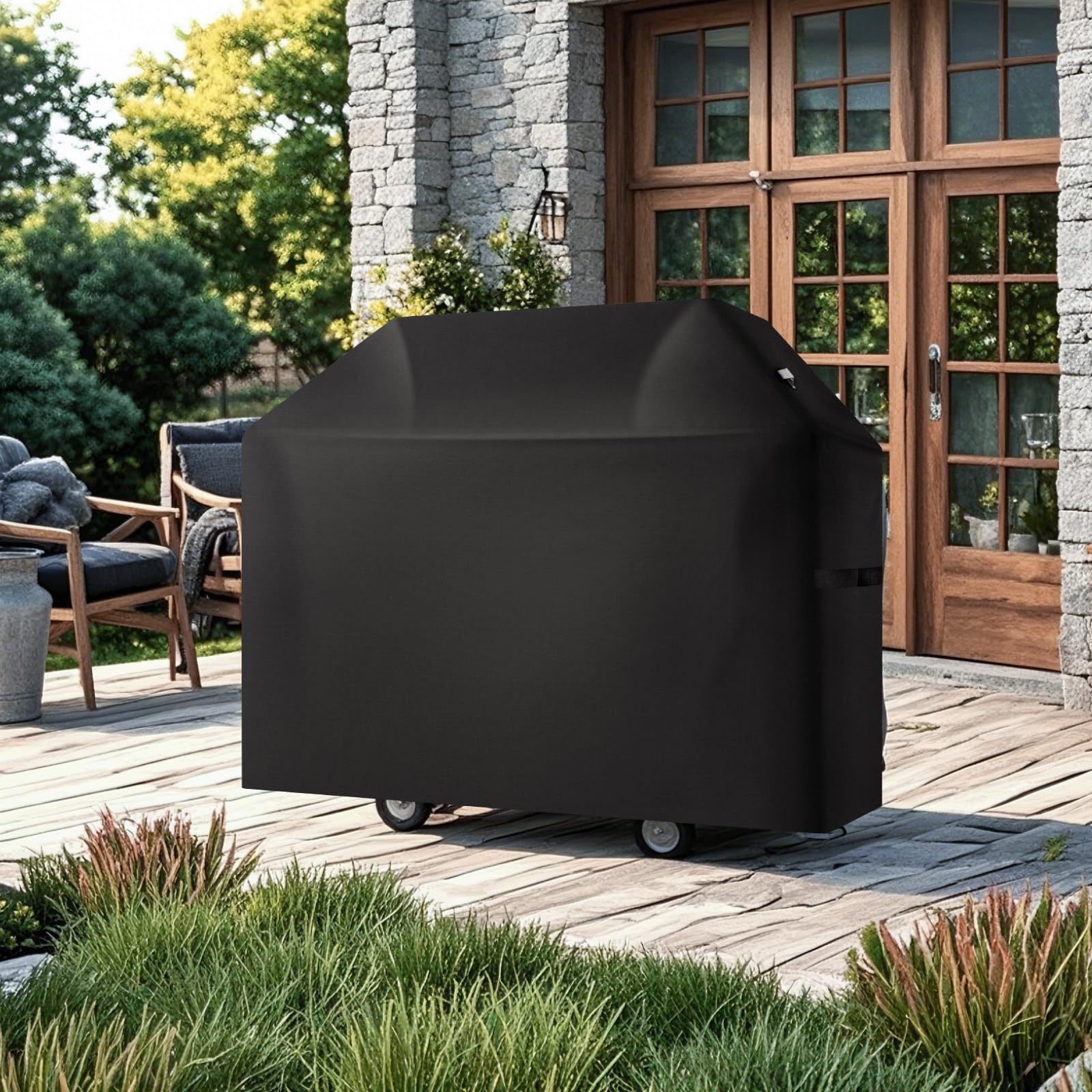 VEVOR Funda para Parrillas de Exterior, Impermeable y Resistente a la Intemperie, Poliéster 600D Duradero, 280 g/m², Fácil de Poner y Quitar, con Protección Solar, 1470 x 615 x 1215 mm, Negro