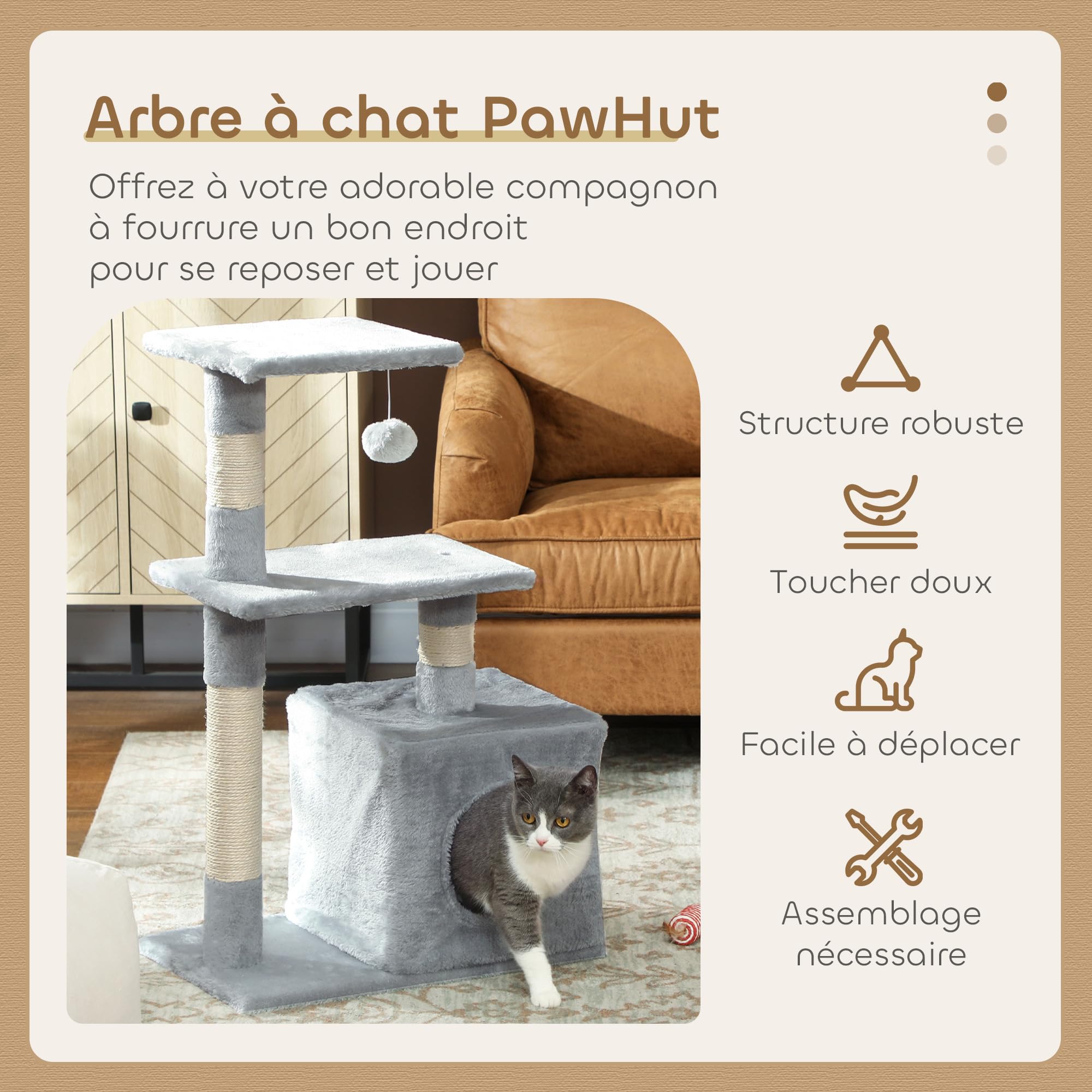 PawHut Arbre à Chat Hauteur 81,5 cm Tour de Jeux pour Chats avec poteaux en sisal, 2 Plates-Formes, Niche, Balle, Tissu Peluche, griffoir Multi-Niveaux idéal pour Chat 4,5 kg, Gris foncé