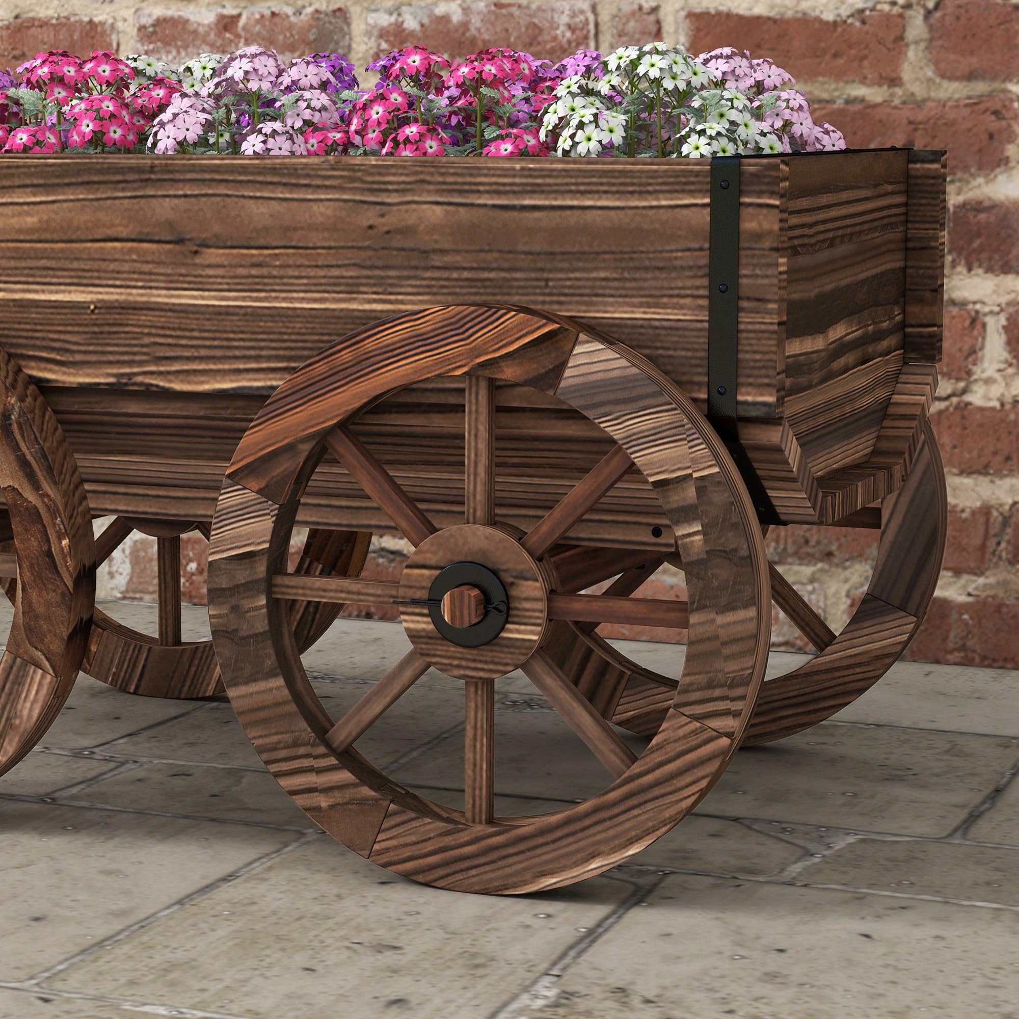 Outsunny Jardinera de Madera Exterior Carrito 120x41x54 cm Carbonizado | Macetero en Forma de Carrito, 4 Ruedas, Mango, para Balcón Jardín Patio