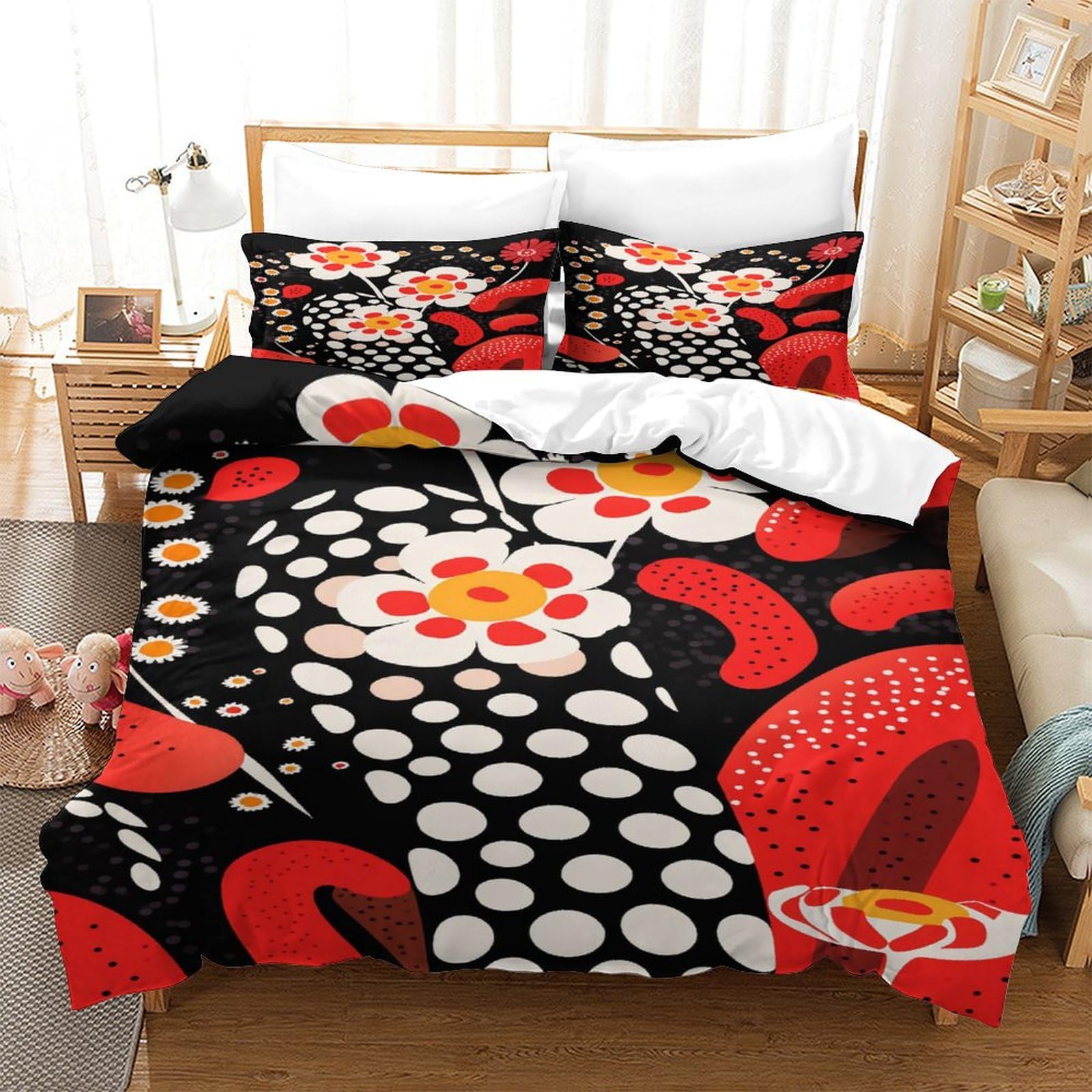 P1S9U7W5Y Contemporary Polka Dot Red Floral 3D Printed Duvet Cover Set 3pcs Microfiber Modern Bedding Set Double