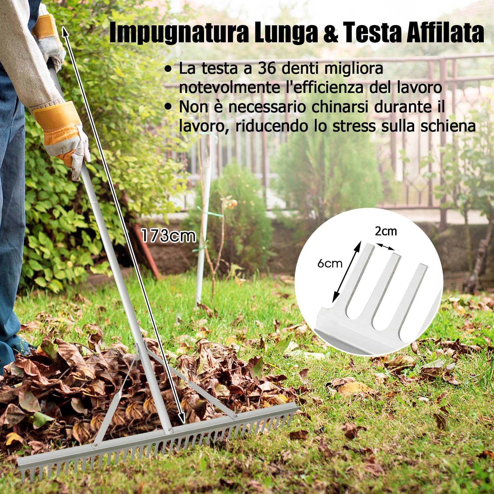 GYMAX Rastrello da Giardino, Scopa in Alluminio con 36 Denti, Testa da 91 cm e Manico da 174 cm, Strumento a Doppia Faccia per Allentare e Livellare il Terreno, Adatto a Prato, Cortil, Argento