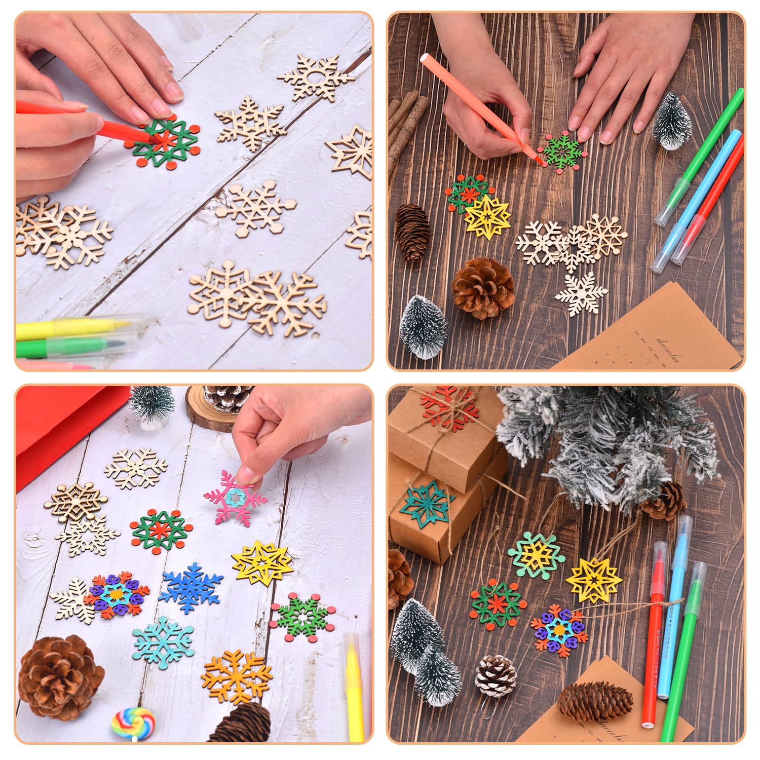 Ovootok 100 PCS Snowflake Ornaments for Christmas Decoration, Wooden Cutouts Ornament for Hanging Embellishments and Craft DIY, Rustic Farmhouse Holiday Decor with Strings (100)