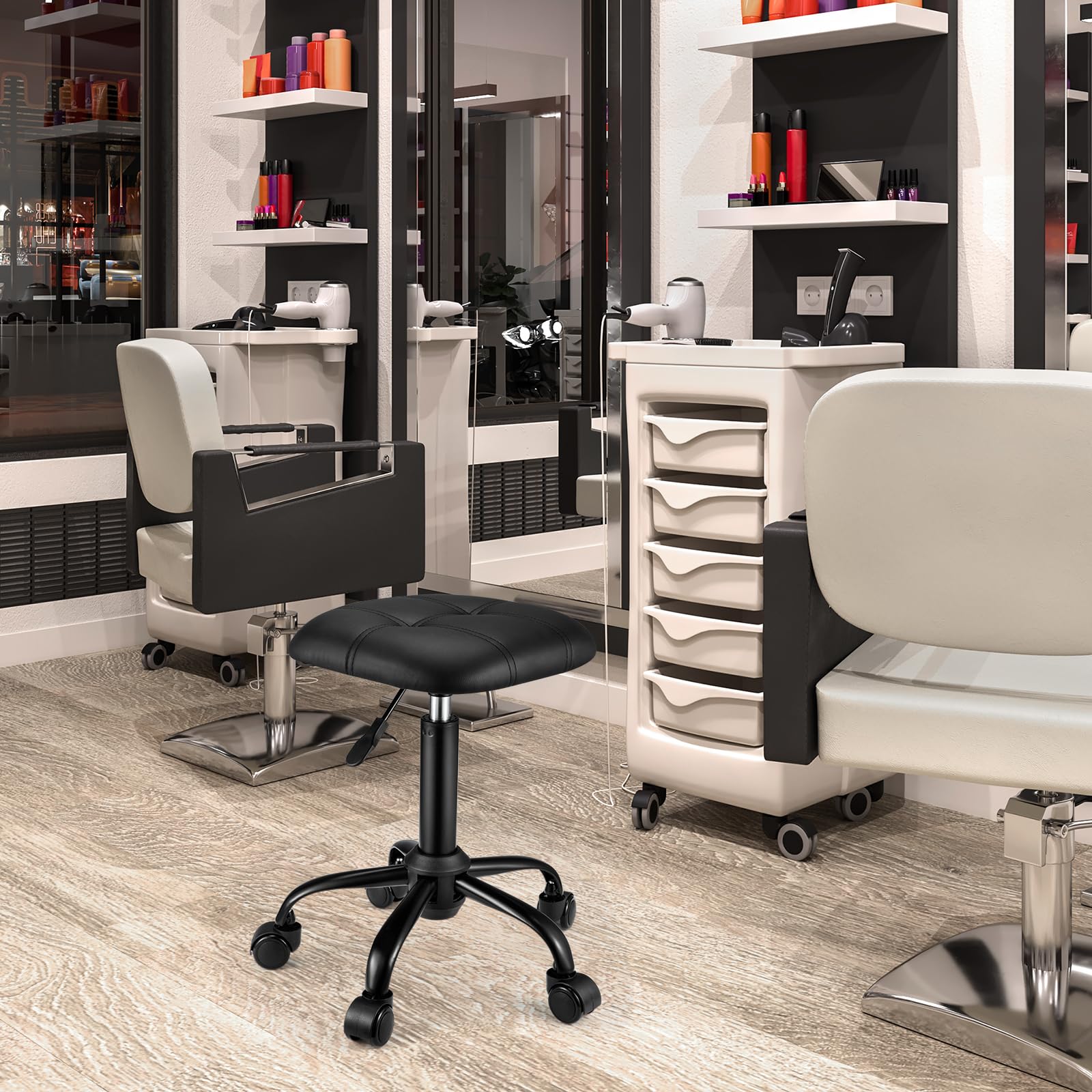 Taburete cuadrado con ruedas, altura ajustable, giratorio, silla de oficina, color negro