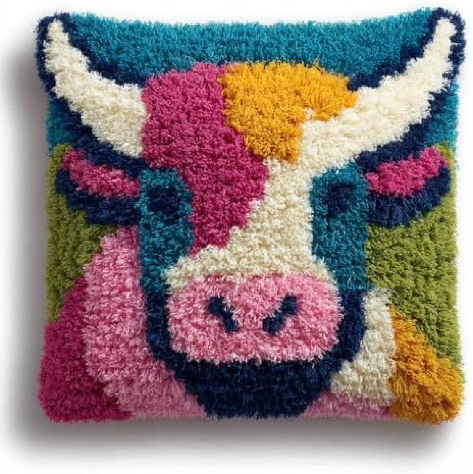 kitphoenix Bull DIY Latch Hook Kit for Adults,Cushion Cover Craft Set with Printed Canvas,Yarn and Hook,43x43 cm Handmade Gift for Women