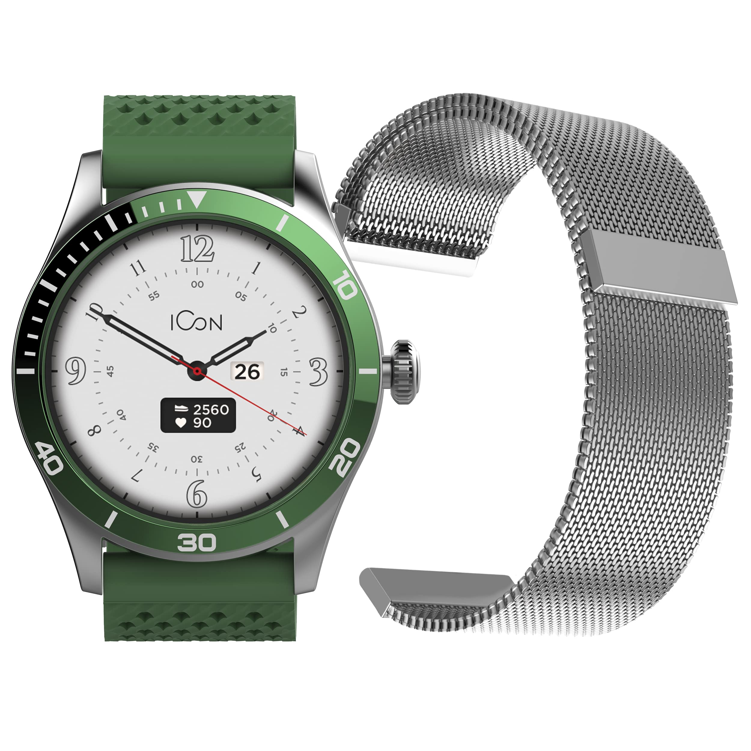 FOREVER Smartwatch AMOLED ICON II AW-110 dodatkowy pasek, wyświetlacz 1,3" 360 x 360 pikseli, IP68, Bluetooth v 5.1, czas czuwania 10 dni, akumulator litowo-jonowy 310 mAh, czas ładowania 2 godziny