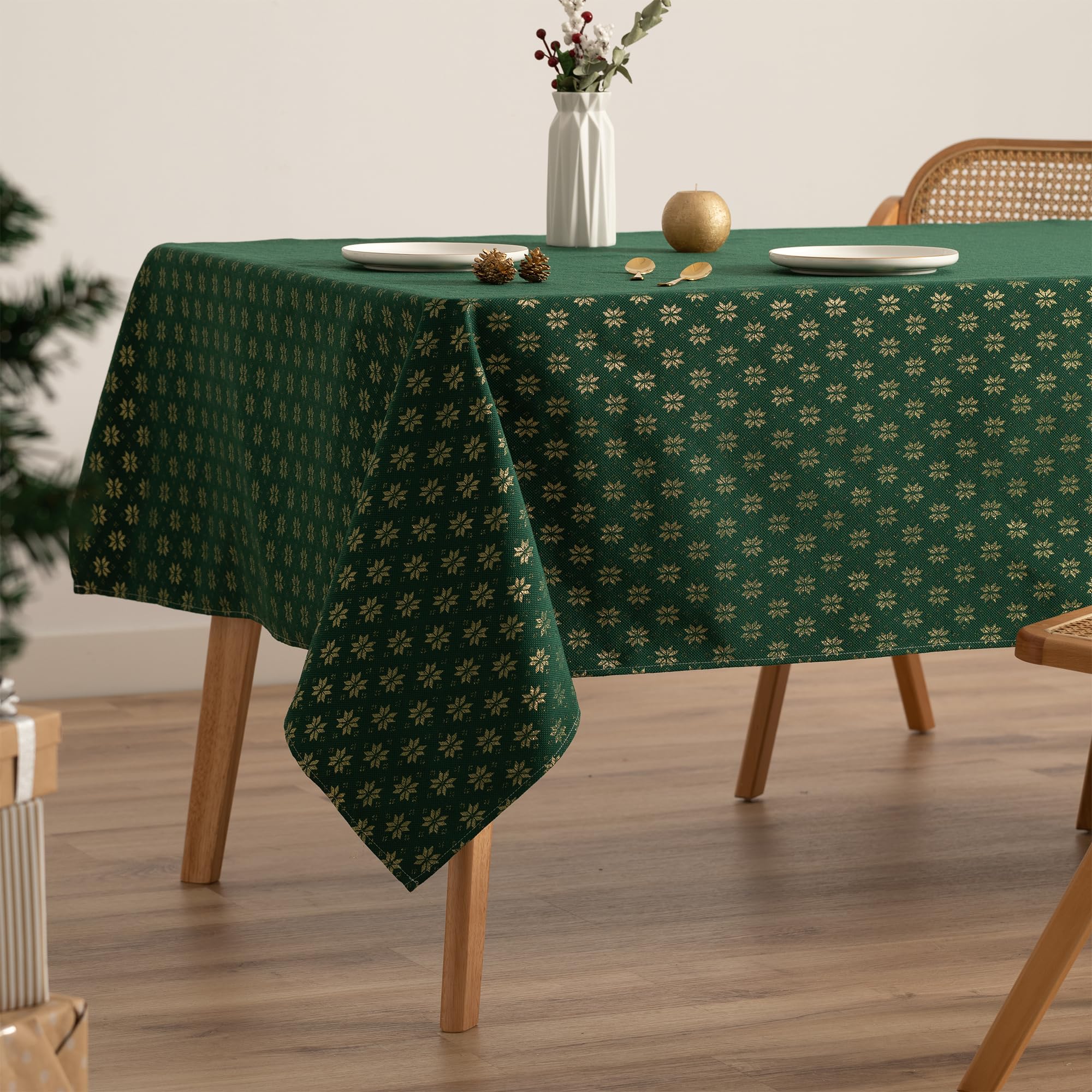 GAMUSI Mantel Navidad Jacquard Hilo Dorado Mesa Comedor Rectangular Decoración Navideña 140x240 cm Color Verde