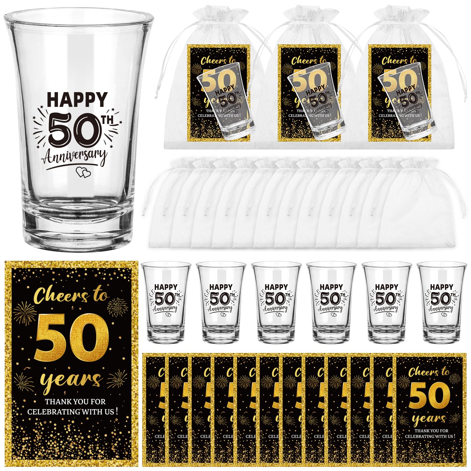 Photo 1 of LIUBUJINGYING 50 Sets Happy 50th Anniversary Shot Glasses Wedding Anniversary Acrylic Shot Glasses Bulk with Cheers to 50 Years Card Organza Bag 50th Wedding Party Favor Souvenir Return Gift for Guest