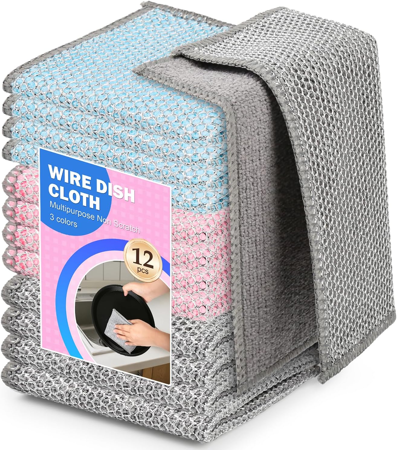 12PK Multipurpose Wire Dishcloth, Double-Side Non Scratch Wire Dishcloth.