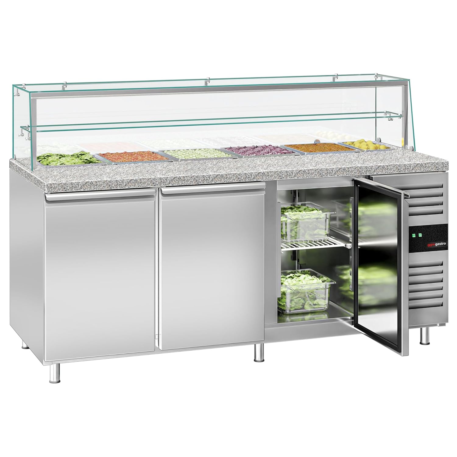 GGM Gastro Saladette with food containers in the top display and inside the refrigerated base