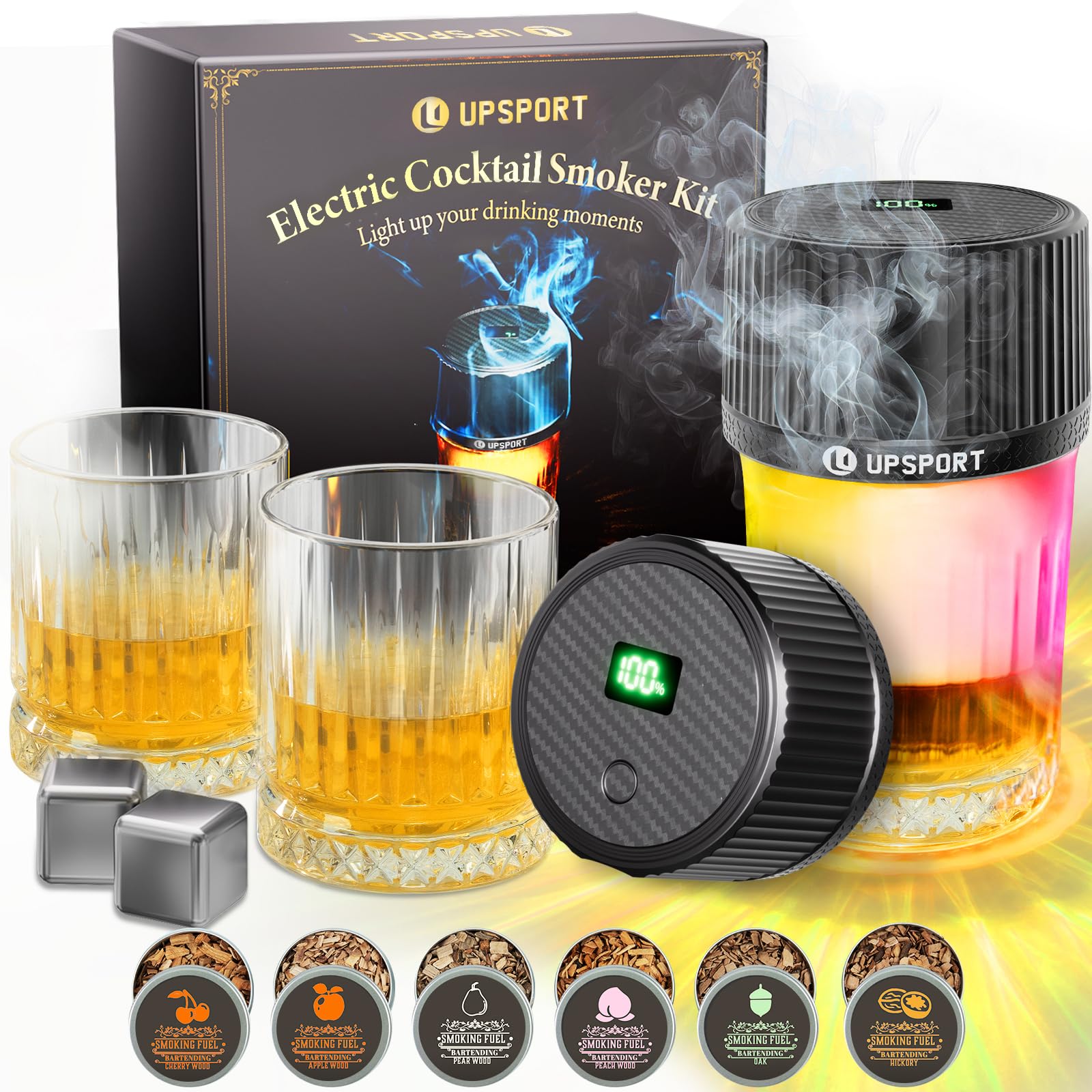 Electric Whiskey Smoker Kit, UPSPORT Cocktail Smoker Kit with 6 Flavors Wood Chips 2 Ice Tray and 2 Cups, Bourbon Smoker Kit, Old Fashioned Smoker Kit