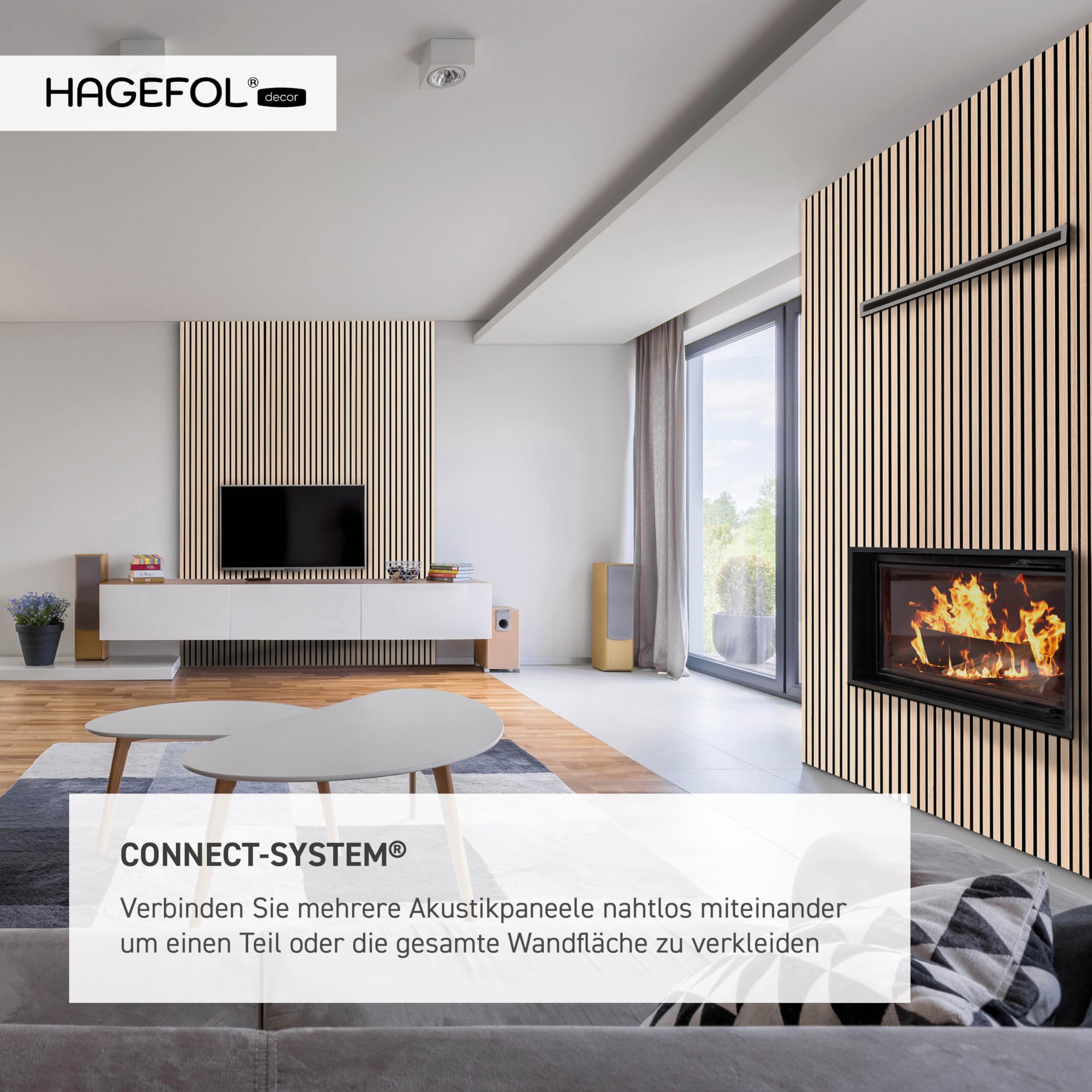 HAGEFOL® Akustikpaneele Holz 240x60 cm, Farbe: Eiche, Wandpaneele Holz, 3D Lamellenwand aus Holzfurnier auf Akustik Filz, Akustikpaneele 2400x600 mm