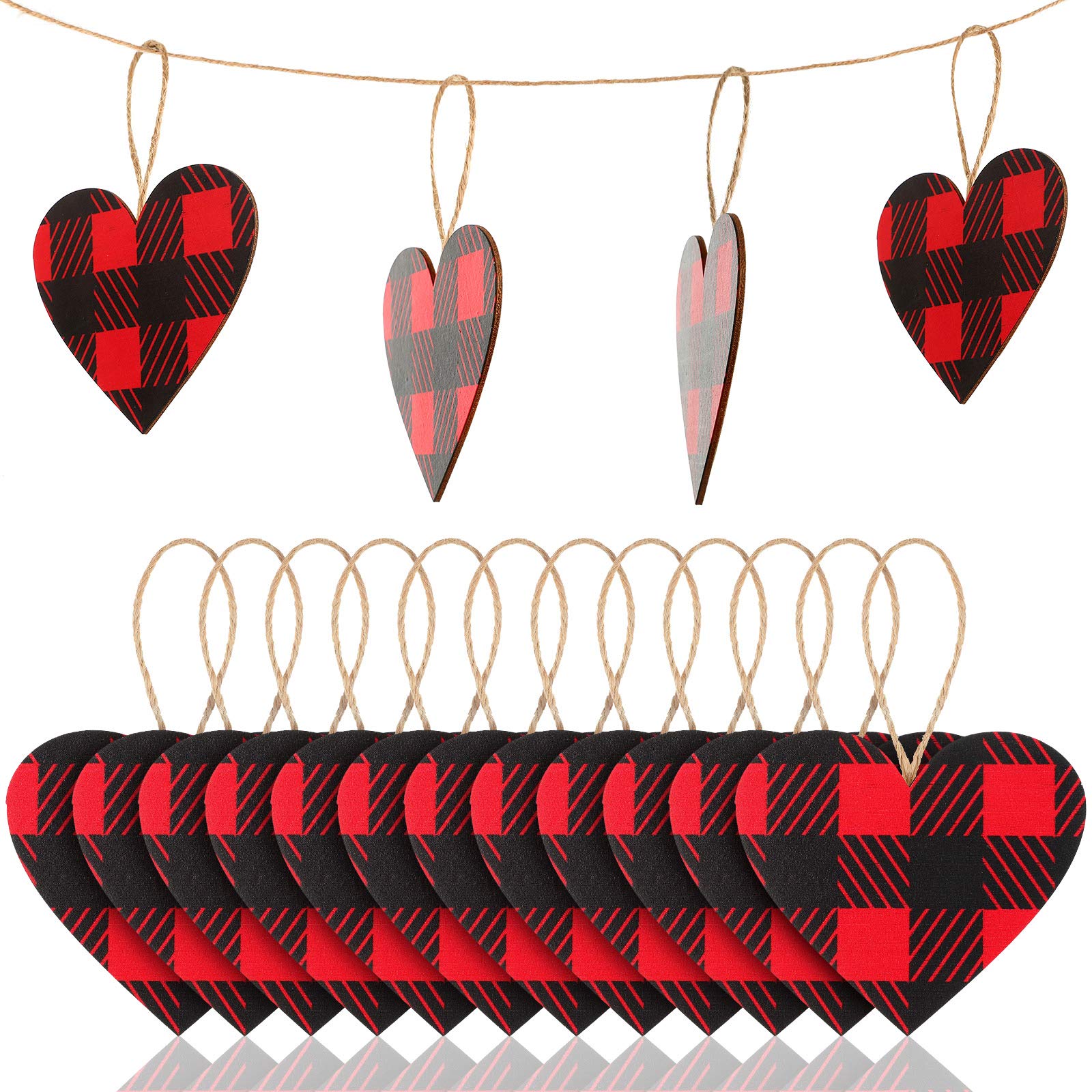 Jetec Valentine Red Buffalo Plaid Ornament Red Plaid Hanging Ornament Wooden Heart Embellishment Heart Wooden Slice for Christmas Holiday Party Decor(12 Pieces)