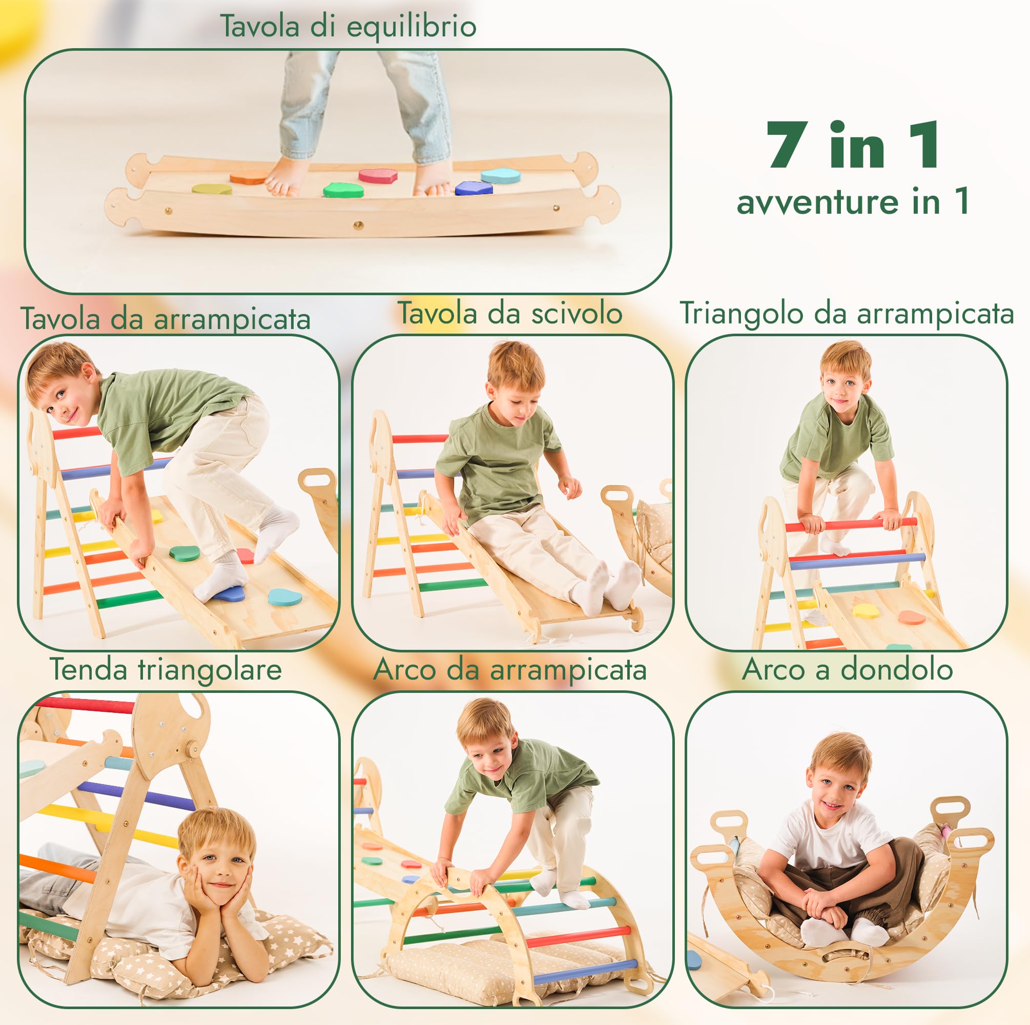 Set Montessori 5-in-1 per arrampicata: triangolo da arrampicata, arco con cuscino e scivolo per bambini 1-3 anni