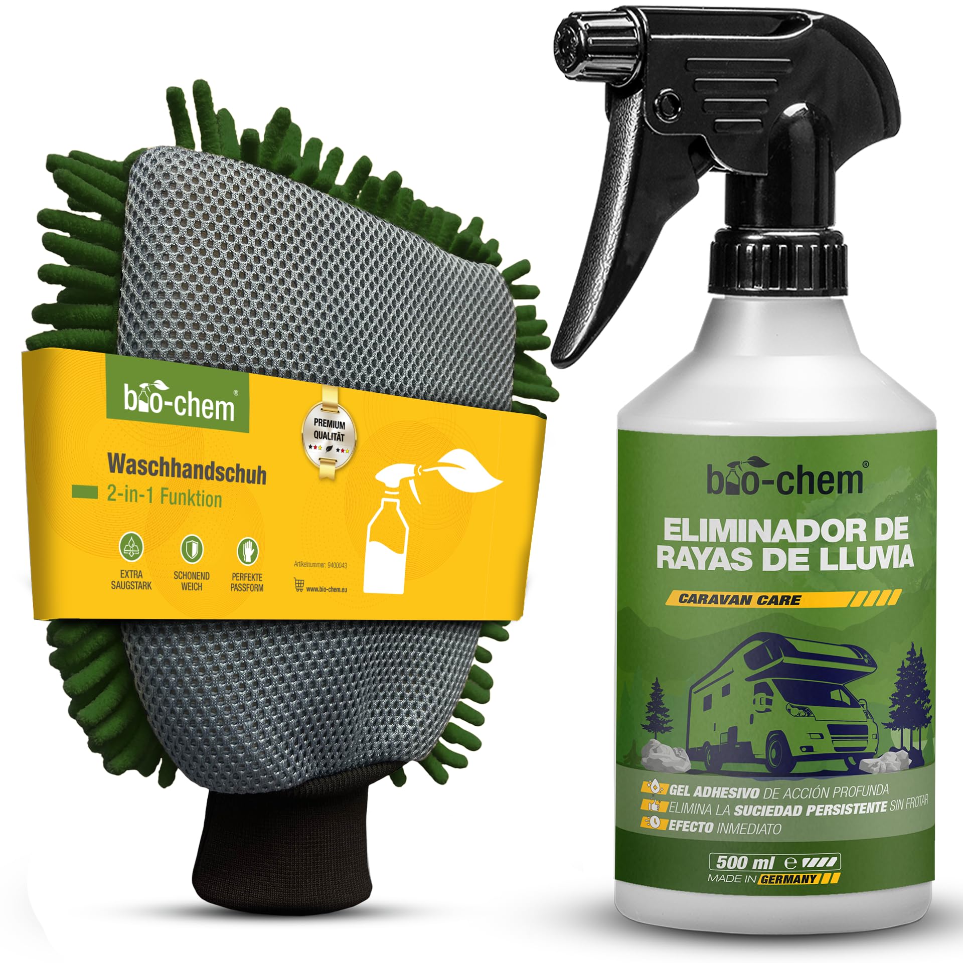 Bio-Chem - Quitamanchas de Lluvia 500ml + manopla microfibras para Parabrisas y Lunas de autocaravanas, caravanas y Coches - Producto Ideal para Lunas Durante Sus Vacaciones en Autocaravana
