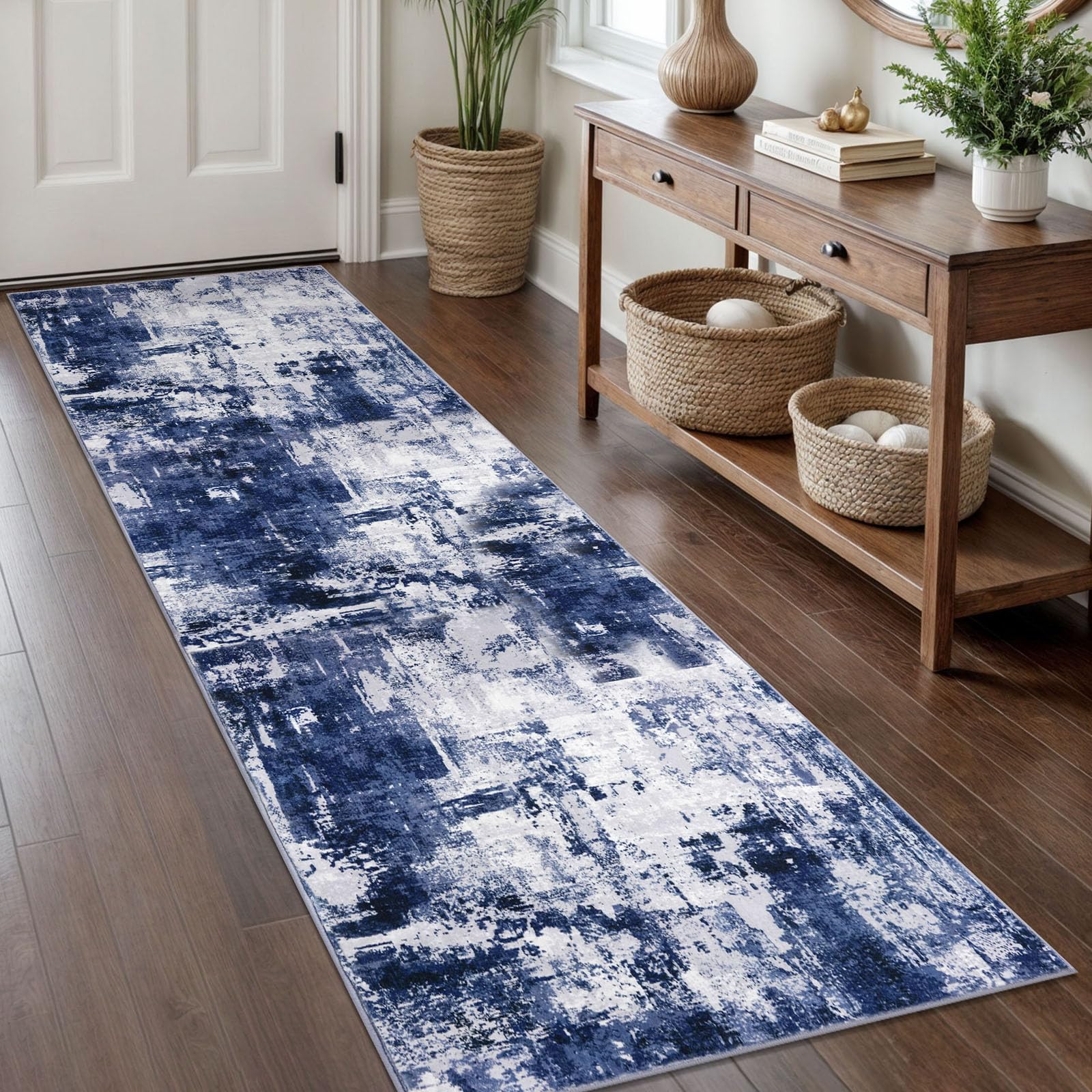 KOZYFLY Modern Abstract Rug Runner for Hallway 2x8 Navy Blue Kitchen Runner Rug Non Skid Washable Carpet Runner Laundry Room Mat Soft Fluffy Low Pile Rug for Hallway Entryway Bathroom — image 1