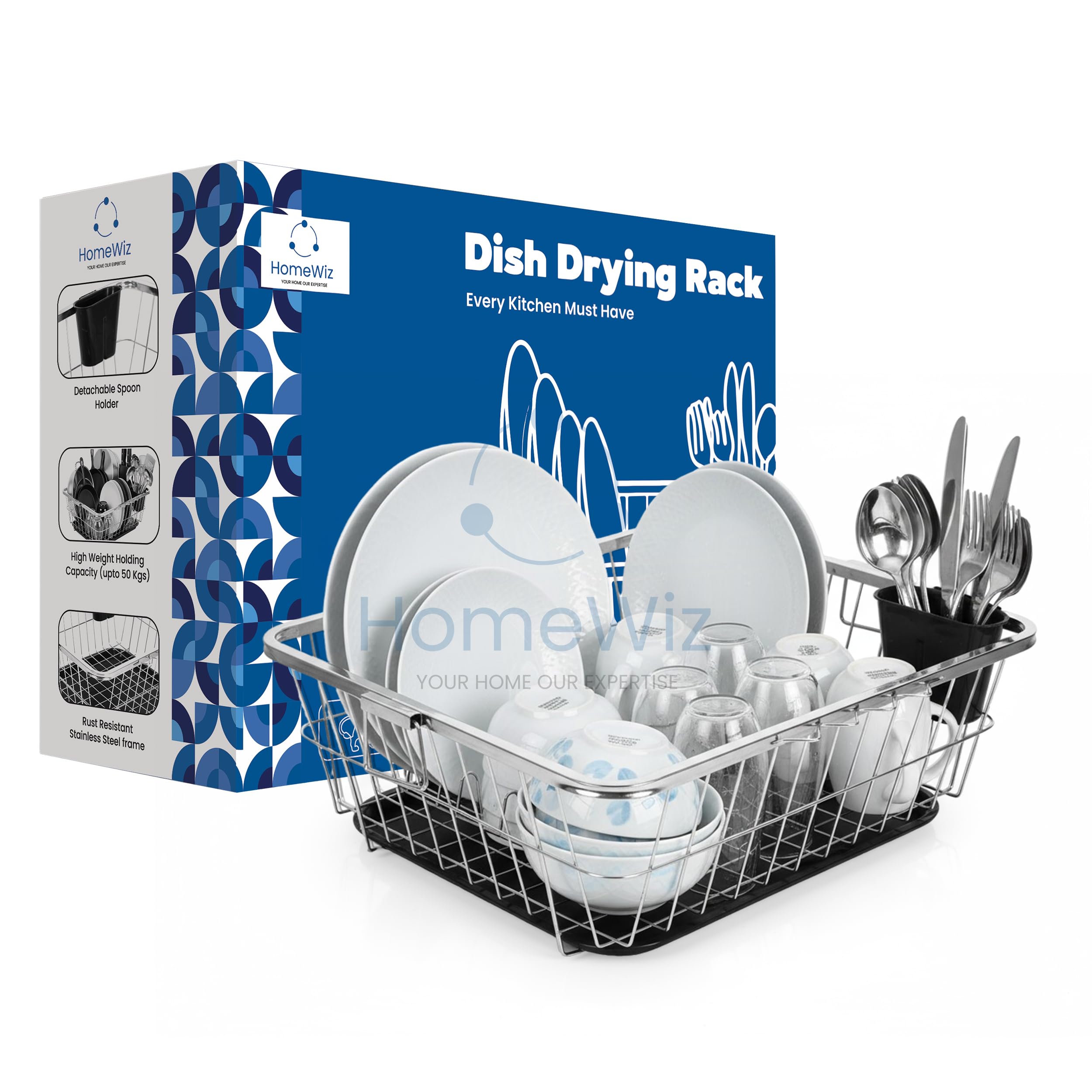 HomeWiz Large Dish Drying Rack | 100% Stainless Steel Utensils Drying Rack for Kitchen with Spoon Holder | Kitchen Rack with Drain Tray | Bartan Stand | Chrome Finish Forever Rust-Free | 56×43×23 cm