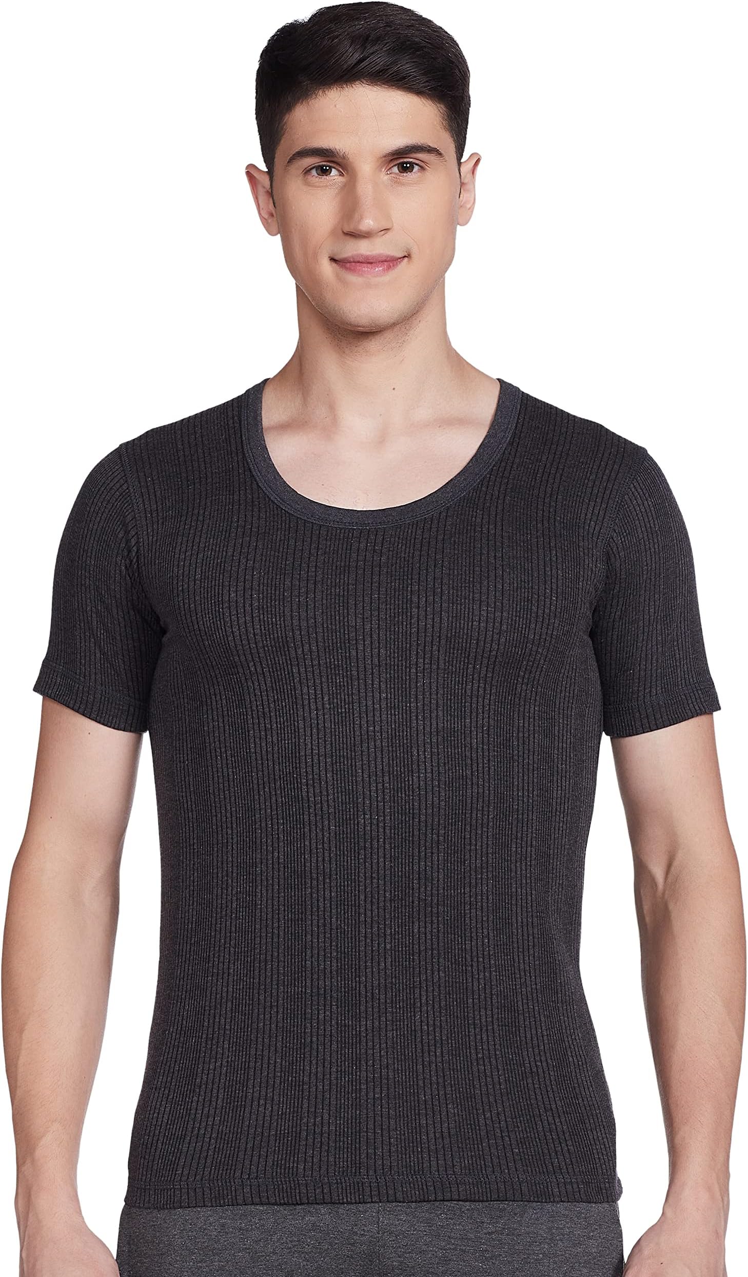 Dixcy Scott Originals Mens Light Round Neck Short Sleeves Solid Regular Fit Thermal Tops(Charcoal Melange )-Large