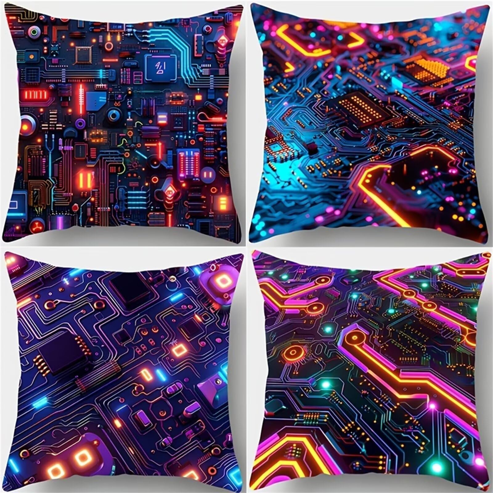 Fundas de Cojines 60x60 cm, Juego de 4 Fundas para Cojines Decorativas de Lino, Tarjeta Circuitos, Fundas de Almohada para Sofá, Silla y Decoración de Interiores