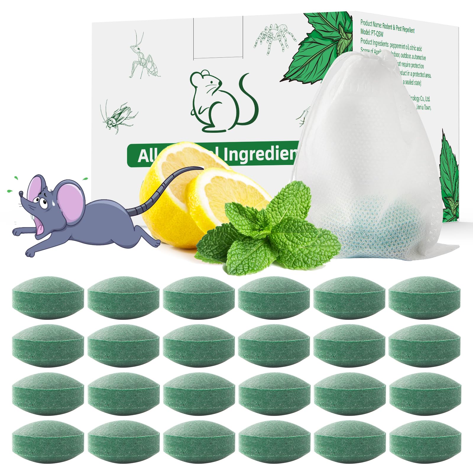 Pest Rodent Repellent, 24 Pack Peppermint Oil Repellent for Mouse Rats Spider Roach Ant Squirrel Pest Control Indoor & Outdoor, Natural Mice Deterrent Replace Trap Poisoning Family & Pet Safe Green