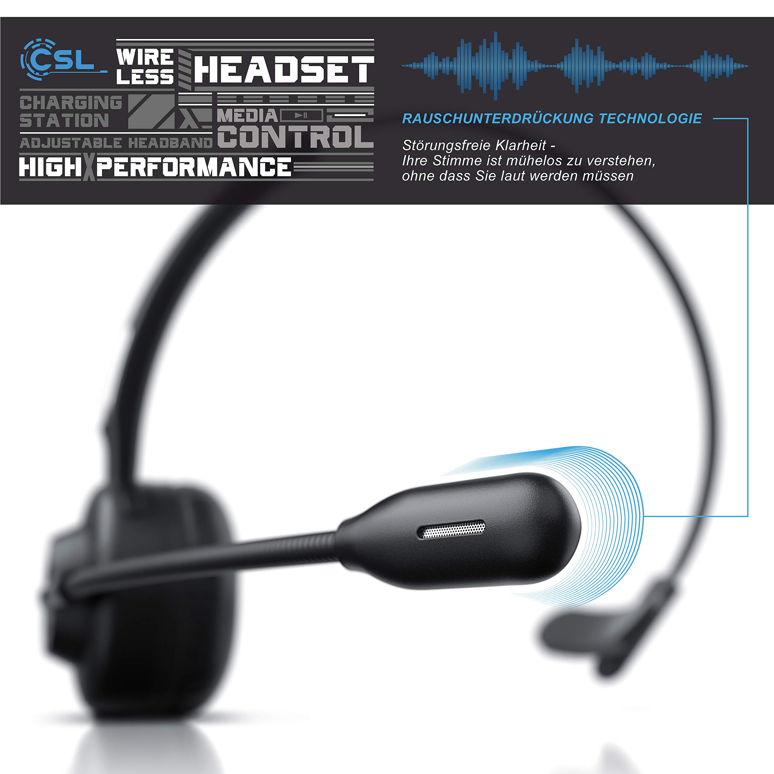 CSL - kabelloses Headset mit Ladestation - Mono Bluetooth Headset mit Mikrofon - USB Ladeport - Multipoint, Rauschunterdrückung - leicht - freisprechen - PC Tablet Smartphone - Home Office Büro