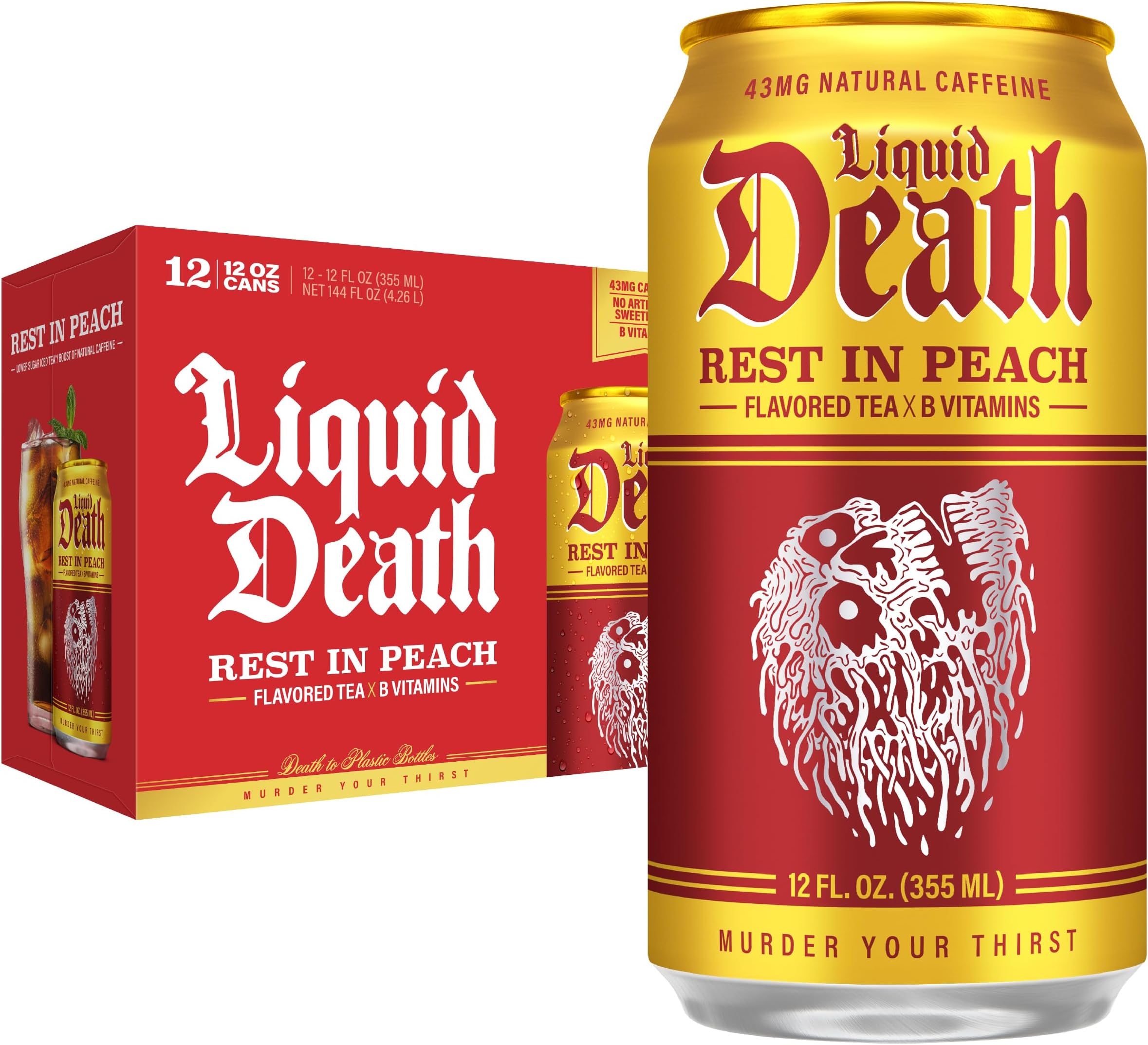 Iced Tea - Rest In Peach (Peach-Flavored Black Tea), Less Sugar*, Boost of Caffeine, B Vitamins, No Artificial Sweeteners, 12 Fl Oz (Pack of 12)