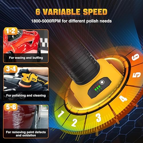 Miniatura 5 de Kit de pulidor inalámbrico para batería Dewalt de 20 V (sin batería), pulidor orbital de coche de 6 pulgadas, velocidad variable de 1800 a 5500 RPM,