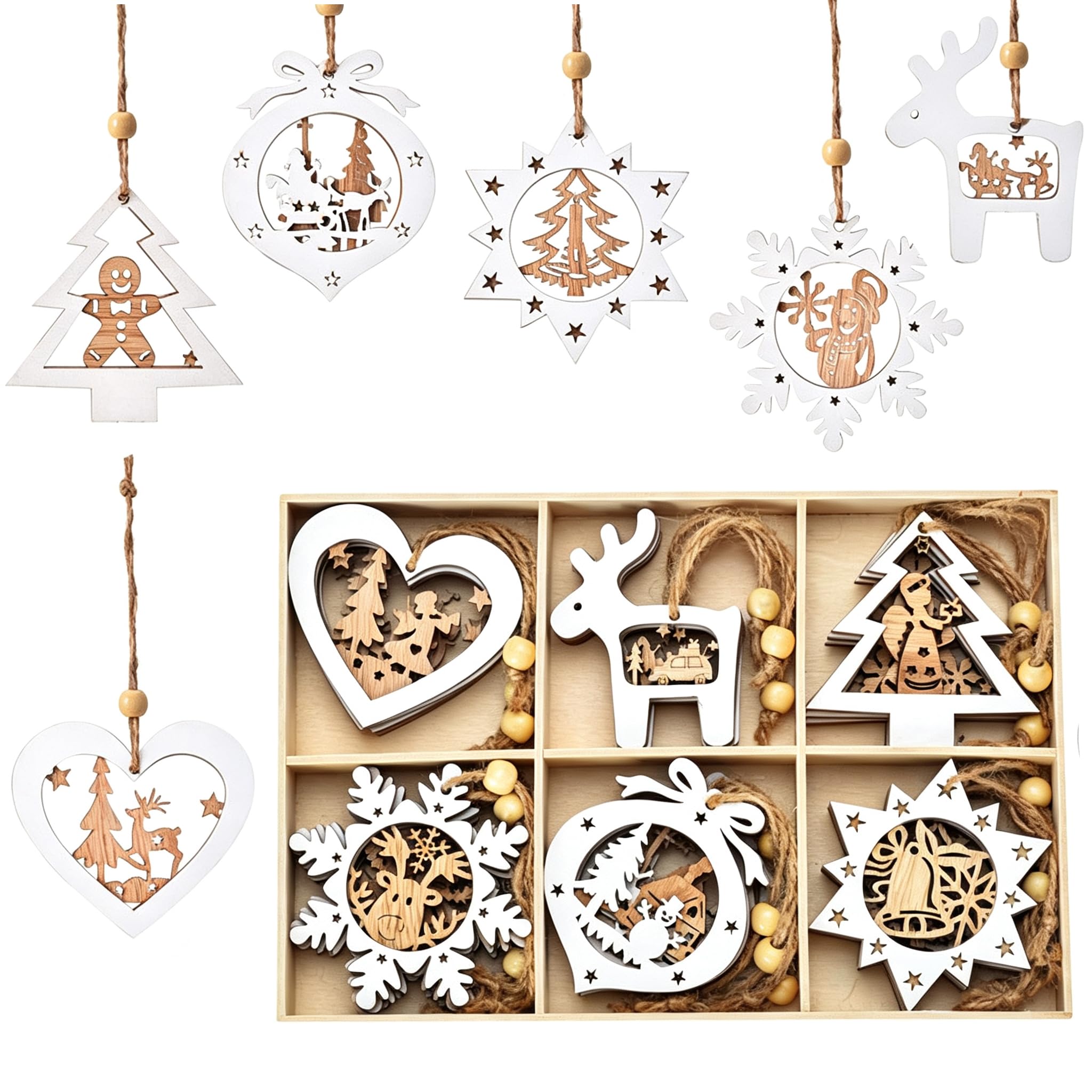 LCOLYDM 24 Pack, Wooden Christmas Tree Decorations, Xmas Hanging Ornaments