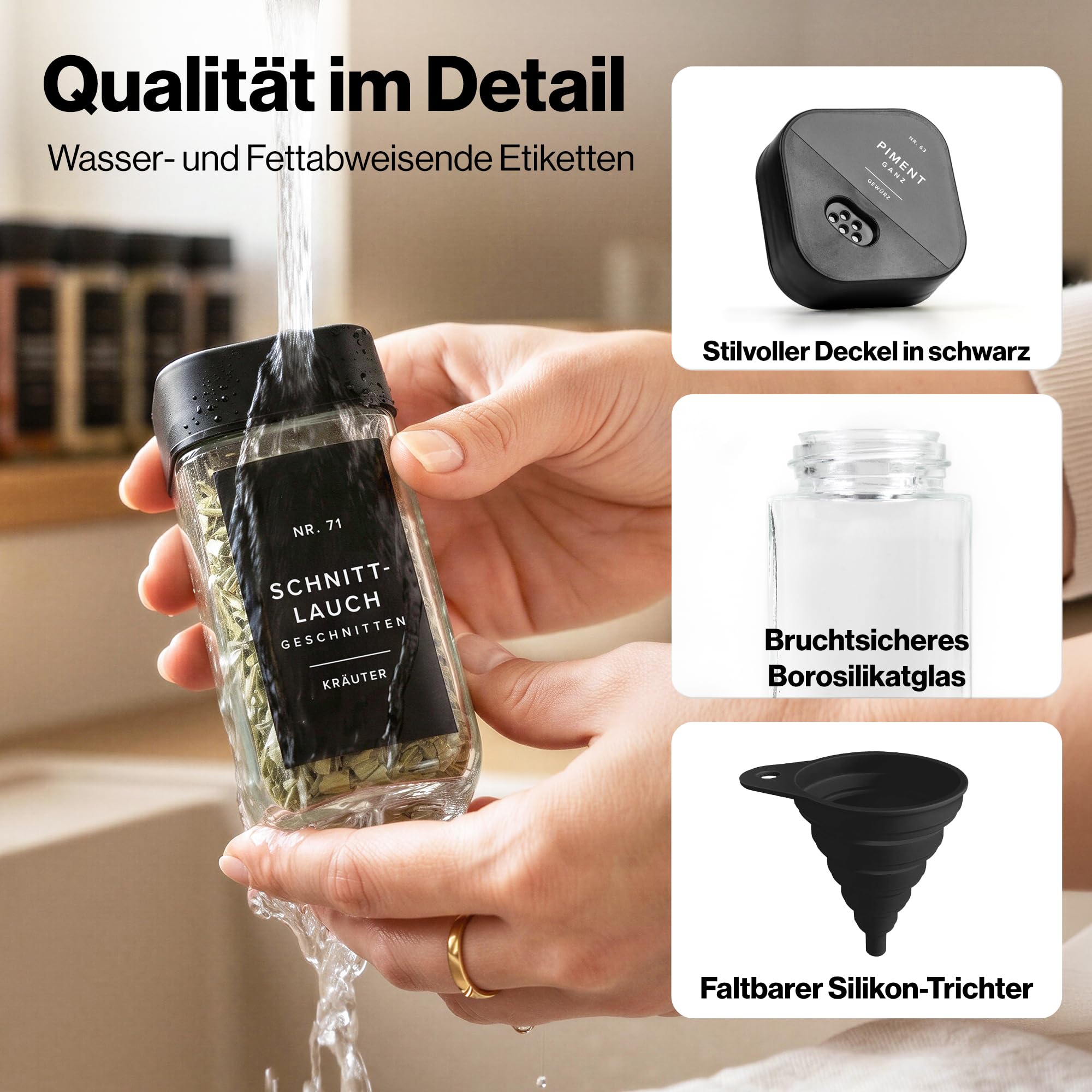 EDELHAUS Gewürzgläser Eckig Set mit Schwarzem Verstellbarerem Deckel (24 x 120ml) Gewürzstreuer mit 240 Etiketten Schwarz - Hochwertige Gewürzbehälter, Gewürzdosen, Gewürze organizer