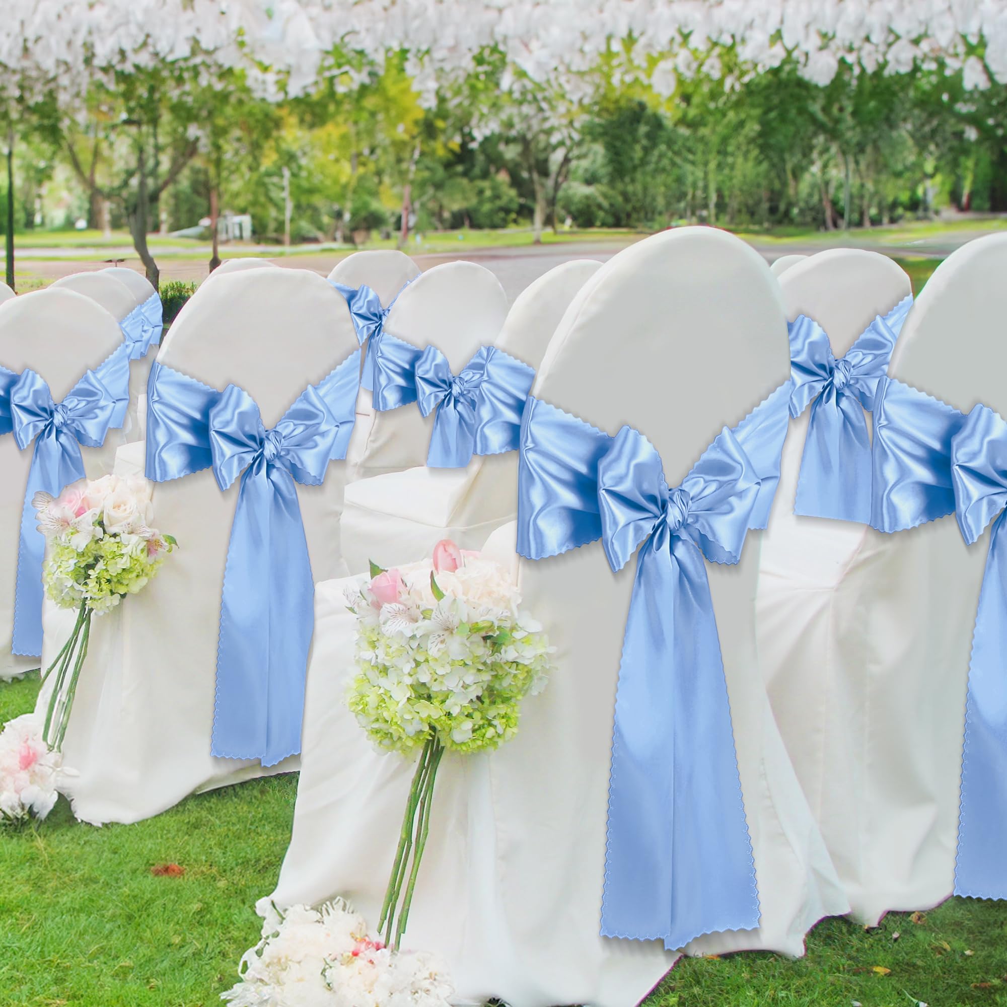 VACVELT Paquete de 6 caminos de mesa de satén de 12 x 72 pulgadas de largo, color azul claro, caminos de mesa de boda, caminos de mesa suaves y brillantes para fiestas de cumpleaños, banquetes,