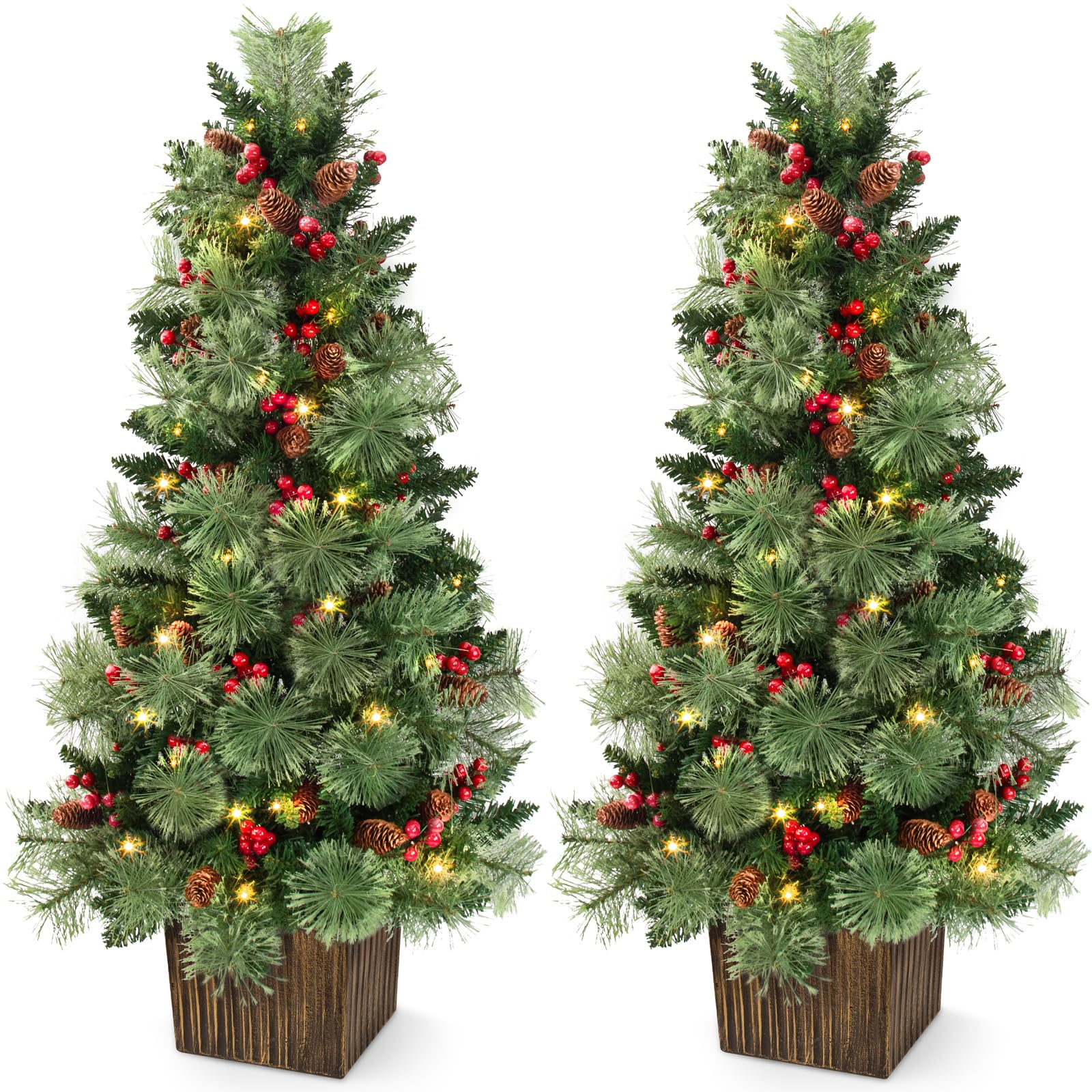 Photo 1 of LAVEVE 4FT Pre-lit Christmas Tree Set of 2, 100 Warm White Lights|8 Modes & Timer| Waterproof Battery Box, Festive Berries & Pinecones