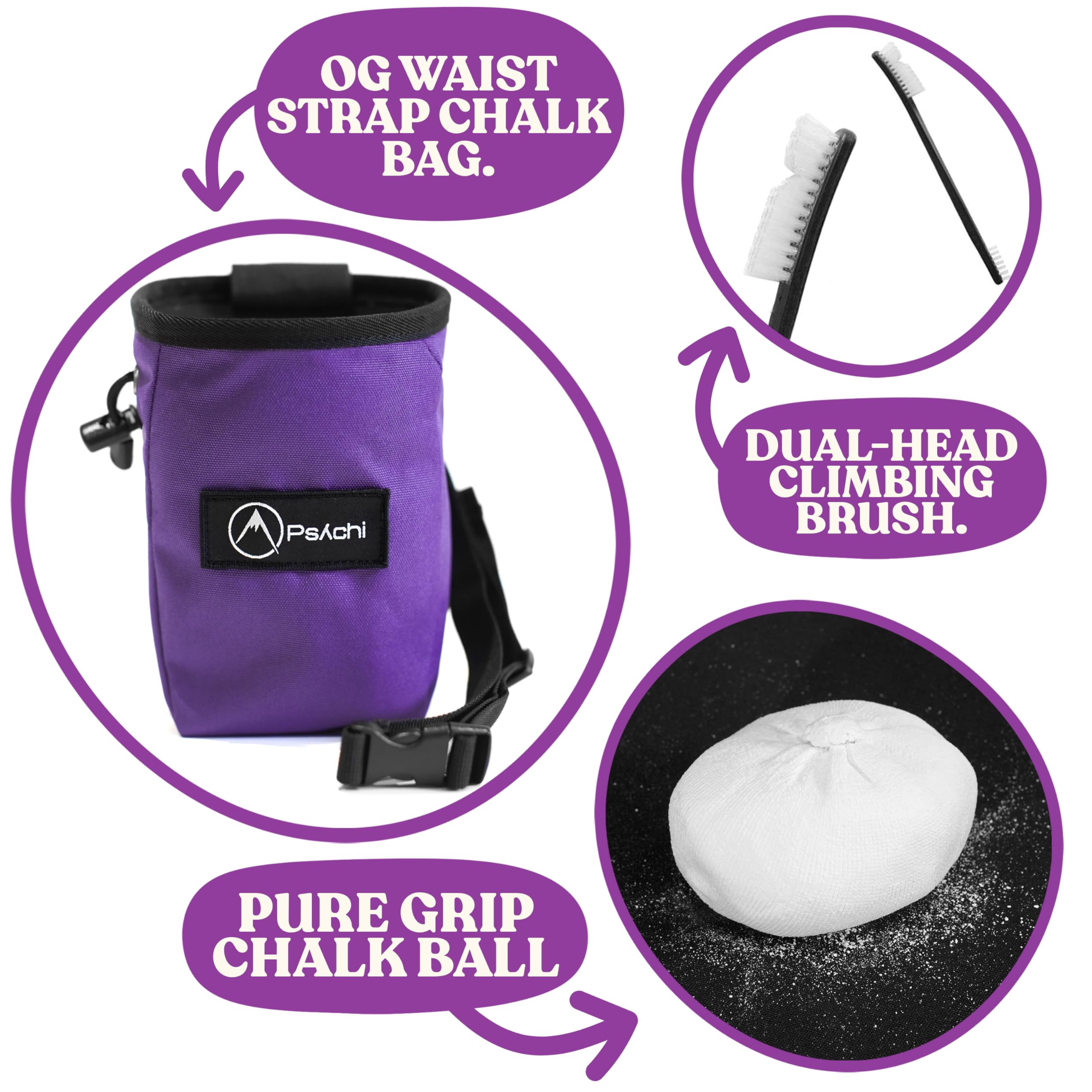 Psychi OG Waist Chalk Bag Starter Pack Bundle for Rock Climbing Bouldering Gym (Purple) - Image 2