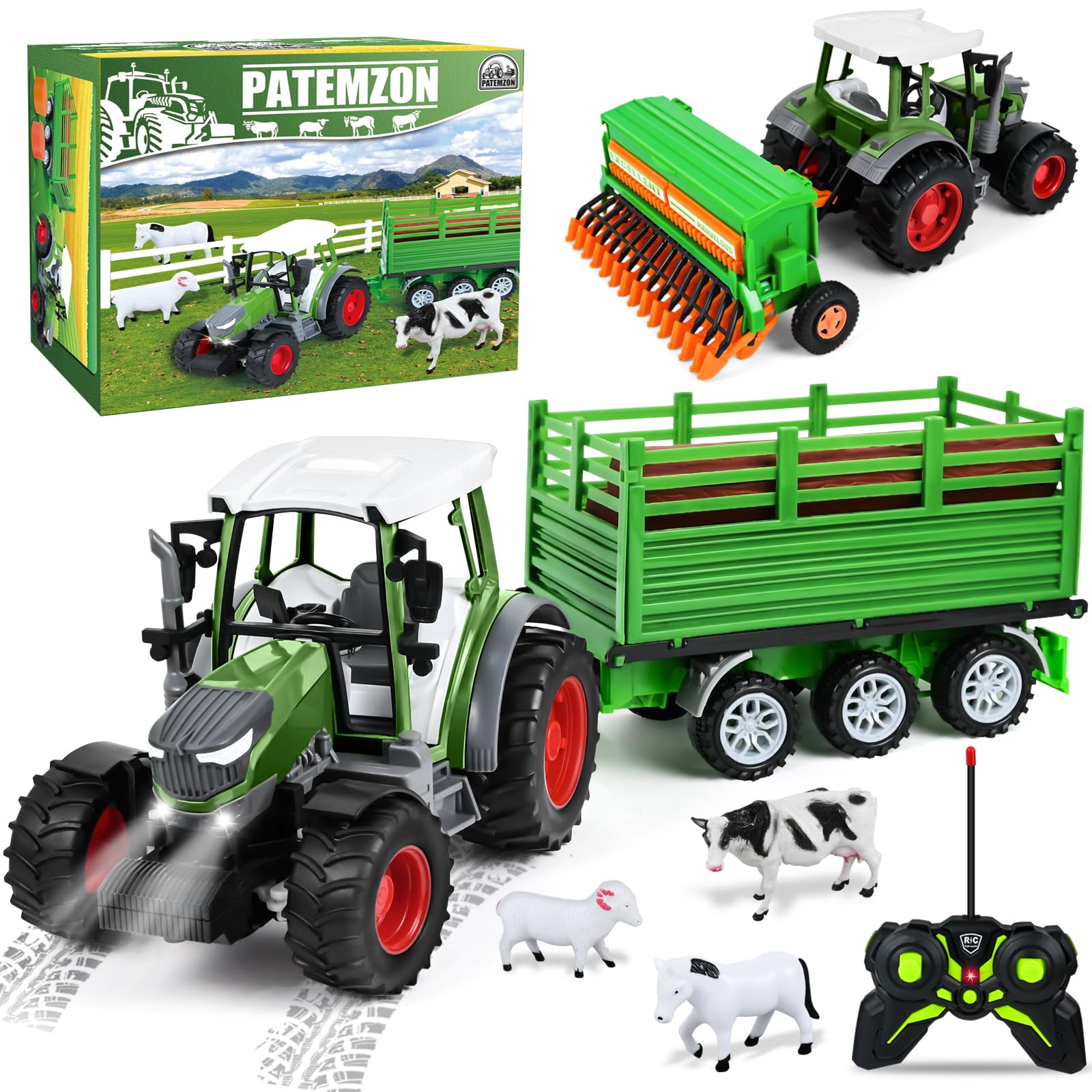 PATEMZON RC Trattore Telecomandato per Bambini, Trattore Agricolo con Aratro e Luce, Set di Trattore Radiocomandato con Rimorchio Giocattolo, Mucca, Pecora, Troncs d'Arbre e Balle, Verde