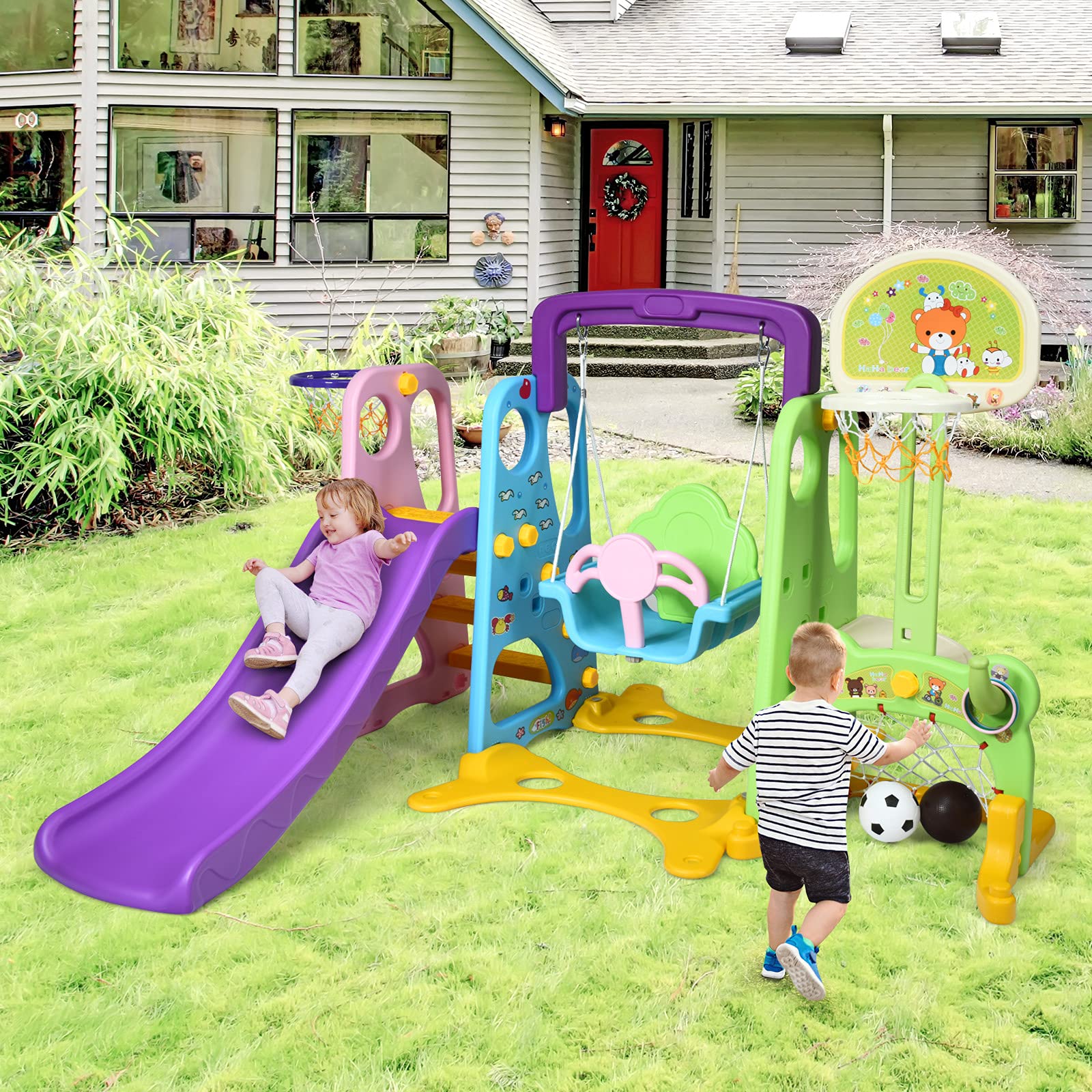RELAX4LIFE 6 en 1 Tobogán Infantil para Niños, Parque Infantil con Tobogán, Columpio y Canasta Baloncesto, Juego de Toboganes para Niños 18 Meses-5 Años, Casitas Infantiles Interior (Púrpura+Verde)