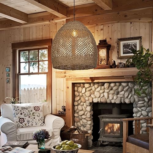 Miniatura 10 de Arturesthome Lámpara colgante tejida de ratán para isla de cocina, lámpara de techo tejida a mano, luz colgante de algas naturales hecha a mano para