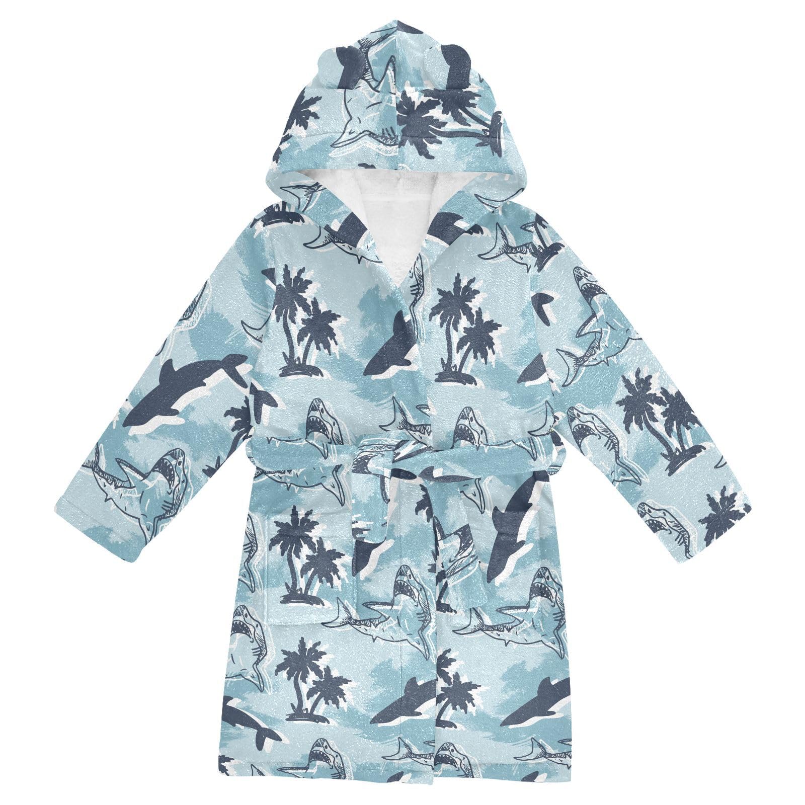 WIFIU Toddler Baby Hooded Bathrobe for Boys Girls Shark Palm Printed, Soft Plush Bath Towel Robe with 2 Pockets Summer Ocean for 10-12 Years