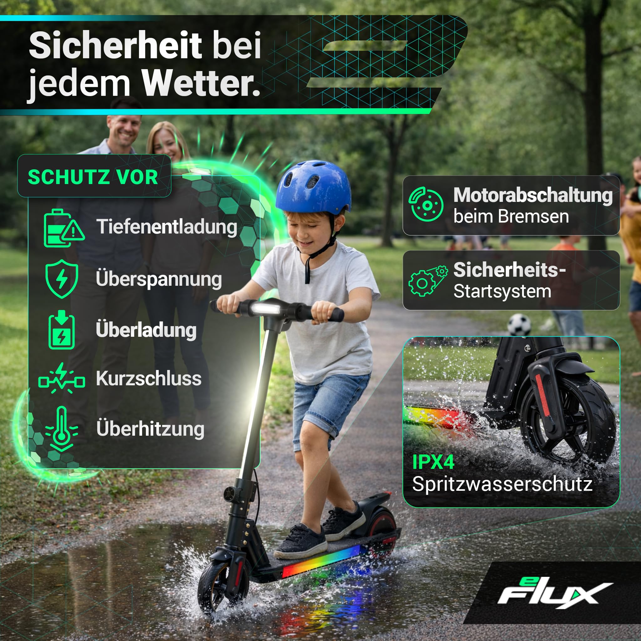eFlux Kids K1 E Scooter | E Roller für Kinder ab 6 Jahren - Scooter mit LED Beleuchtung - Elektroscooter leicht - Elektroroller klappbar - Geschwindigkeit bis 𝟏𝟔 𝐤𝐦/𝐡 - Reichweite bis 𝟏𝟓 𝐤𝐦